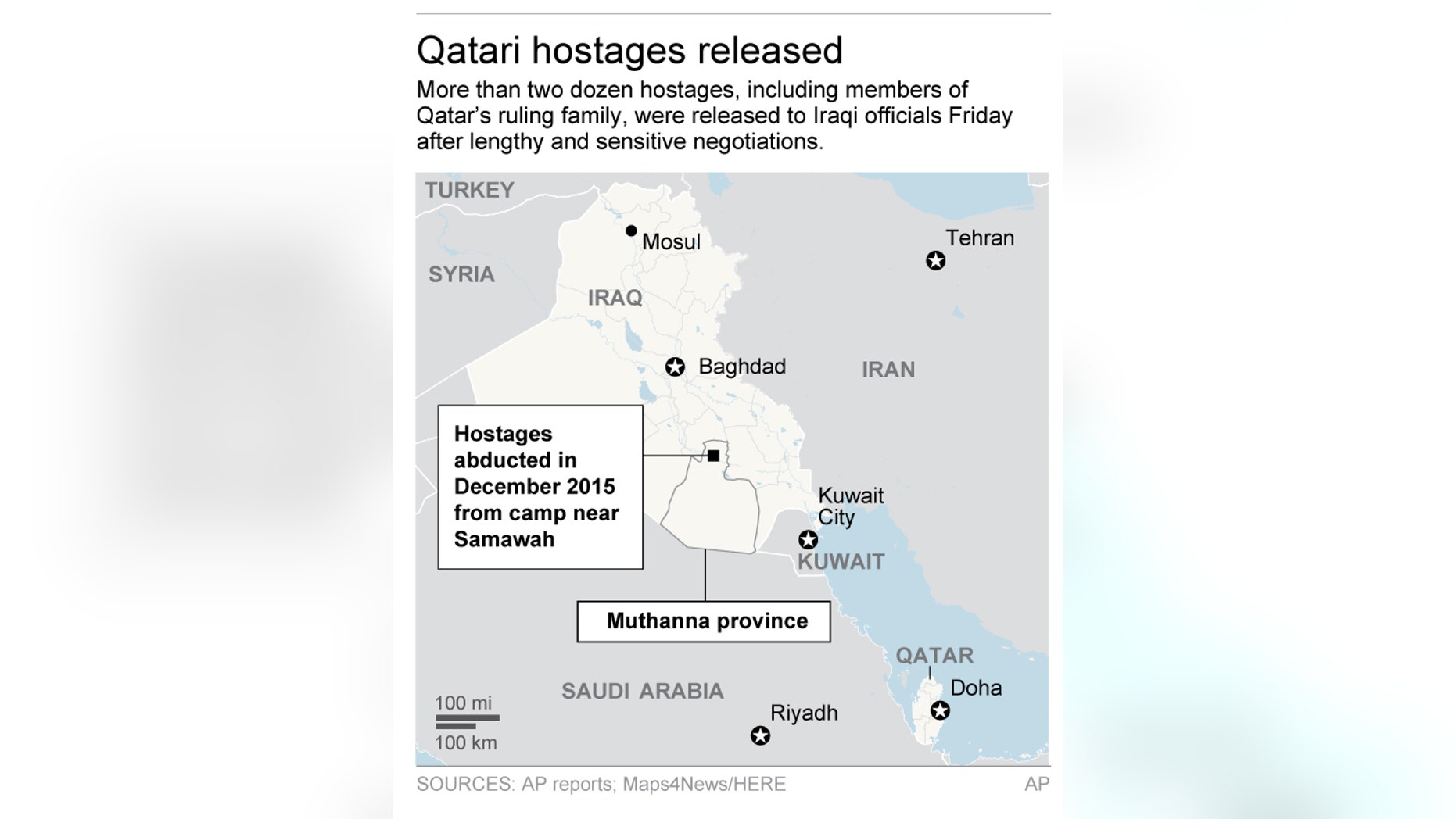 Map shows Mideast and location of 2015 Iraq abductions; 2c x 4 inches; 96.3 mm x 101 mm;