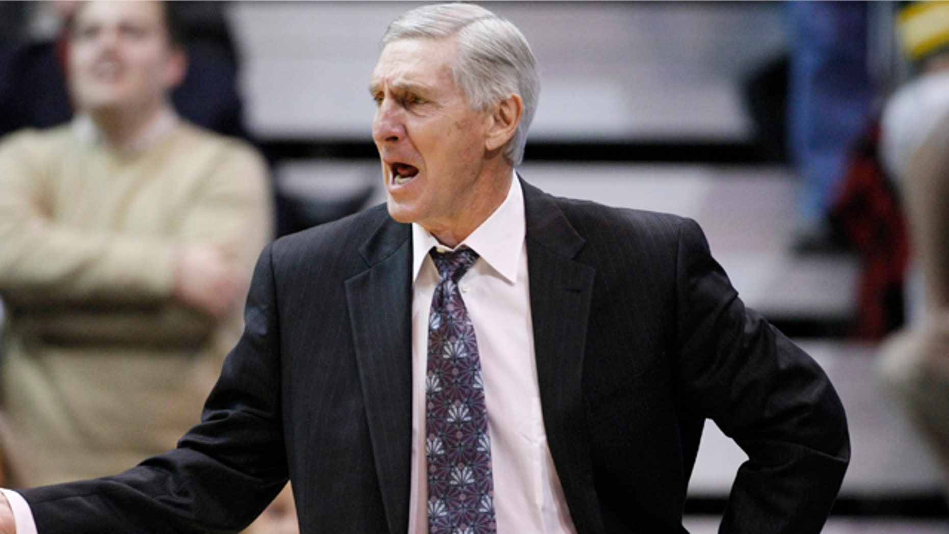 Jan. 26: Jazz head coach Jerry Sloan reacts to a foul called on his team during the second half of an NBA basketball game against the Spurs in Salt Lake City.