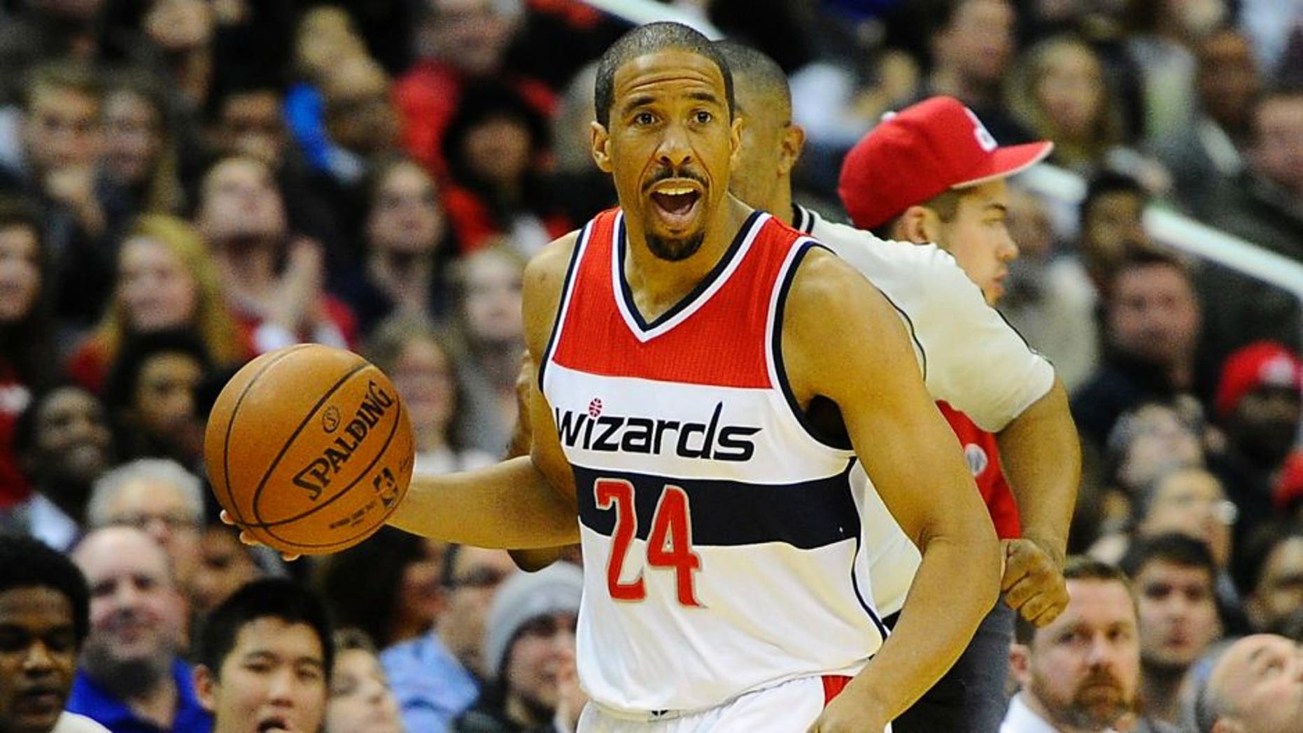 Jan 13, 2015; Washington, DC, USA; Washington Wizards guard Andre Miller (24) advances the ball against the San Antonio Spurs during the second half at Verizon Center. The Wizards won 101-93. Mandatory Credit: Brad Mills-USA TODAY Sports