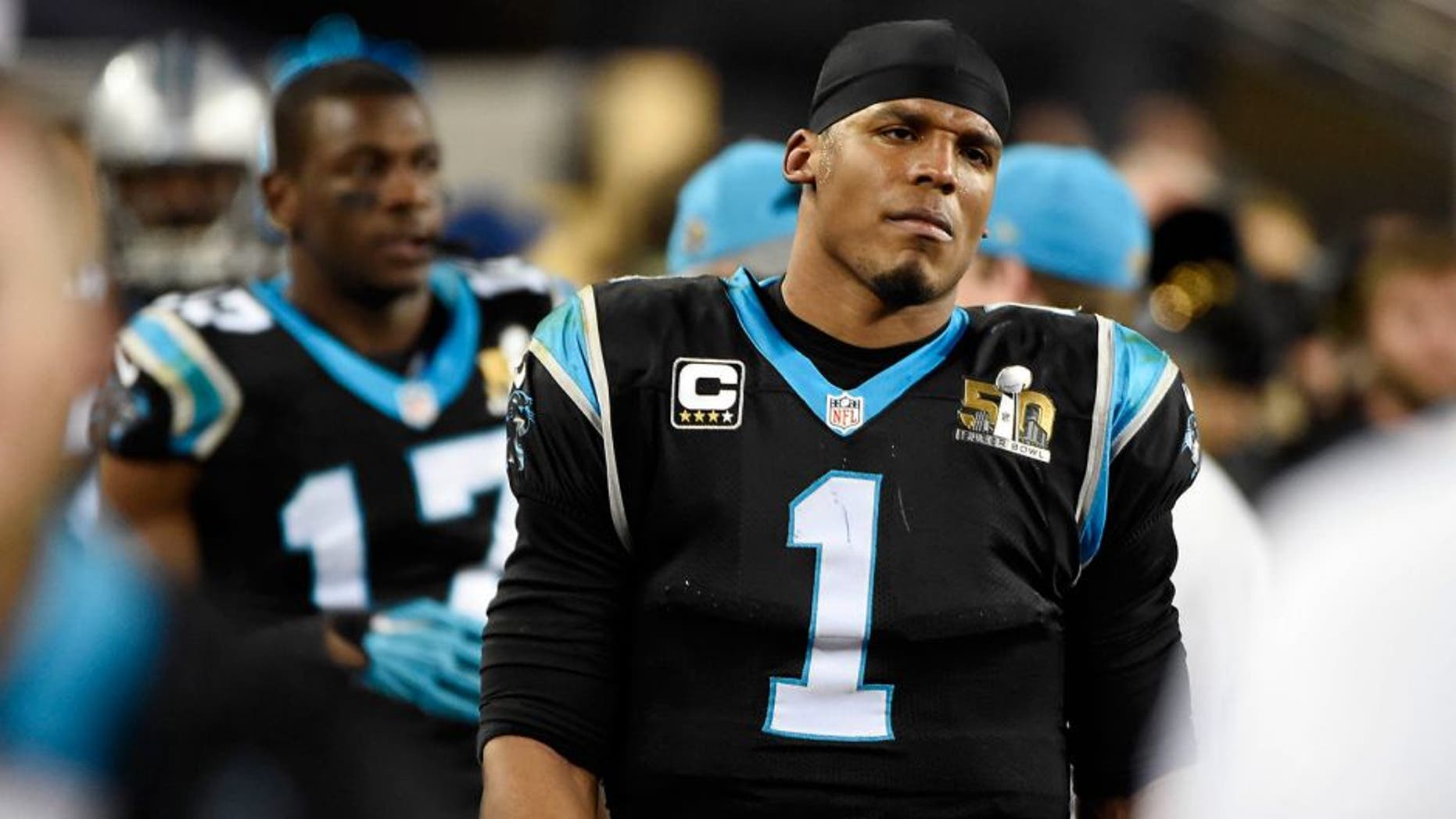 Carolina Panthers quarterback Cam Newton (1) looks pained as he walks the sideline while the Denver Broncos run the clock down in the fourth quarter in Super Bowl 50 at Levi's Stadium in Santa Clara, Calif., on Sunday, Feb. 7, 2016. The Broncos won, 24-10. (David T. Foster III/Charlotte Observer/TNS via Getty Images)