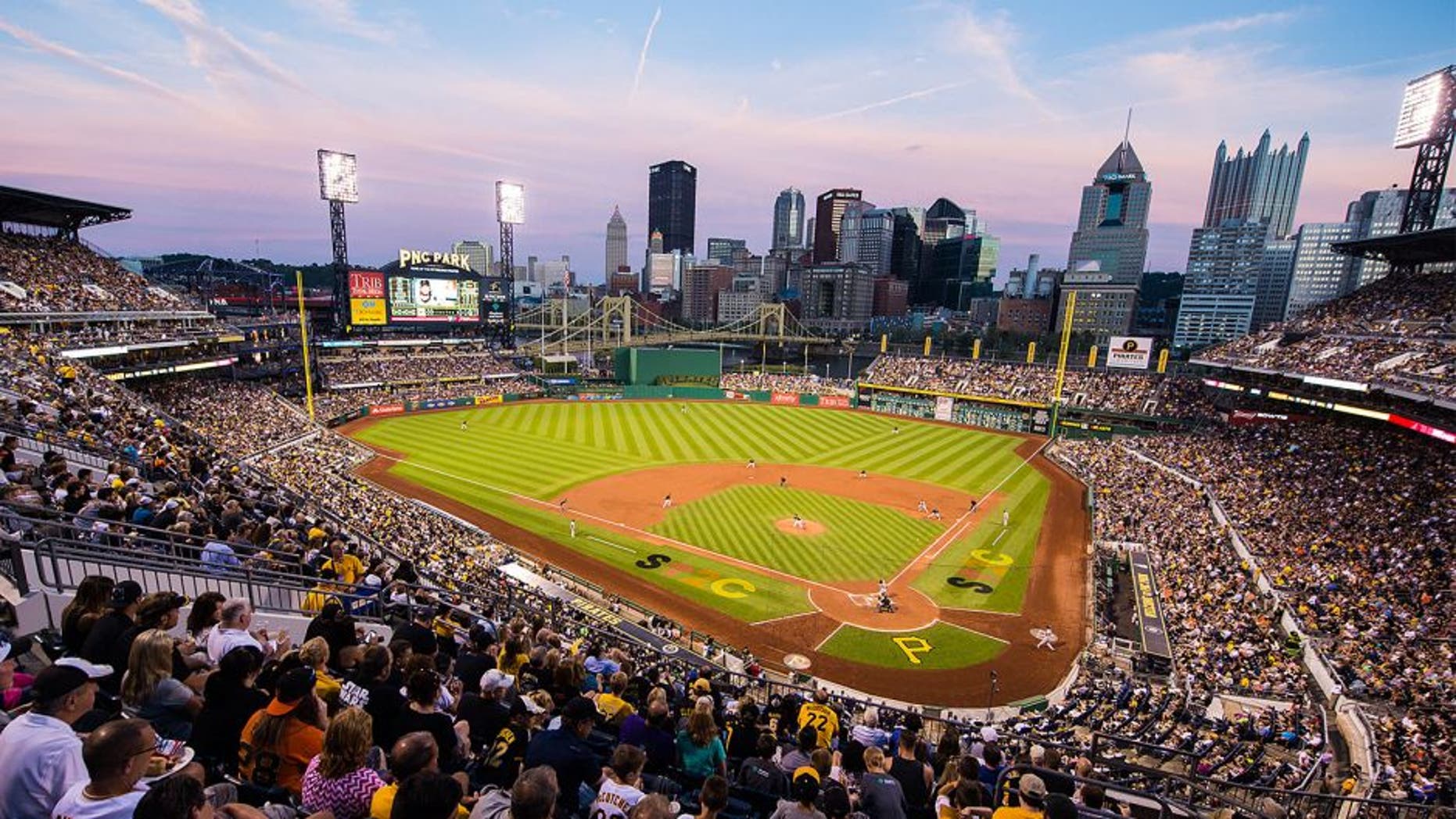 PITTSBURGH, PA - AUGUST 21: A general view of PNC Park from the upper duck at dusk during the game between the Pittsburgh Pirates and the San Francisco Giants at PNC Park on August 21, 2015 in Pittsburgh,Pennsylvania. (Photo by Rob Tringali/SportsChrome/Getty Images)
