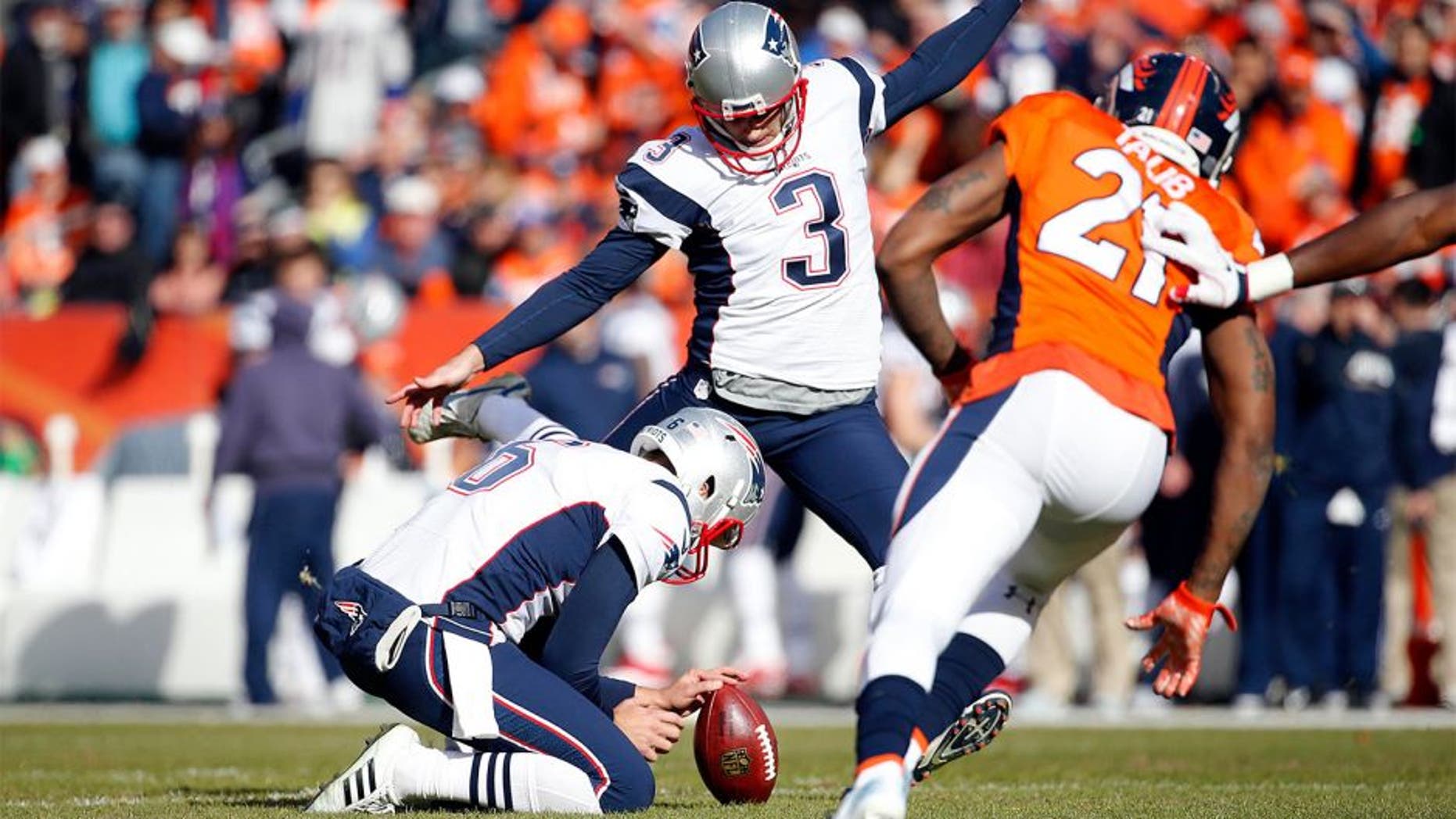 Jan 24, 2016; Denver, CO, USA; New England Patriots kicker Stephen Gostkowski (3) misses an extra point against the Denver Broncos in the first quarter in the AFC Championship football game at Sports Authority Field at Mile High. Mandatory Credit: Kevin Jairaj-USA TODAY Sports