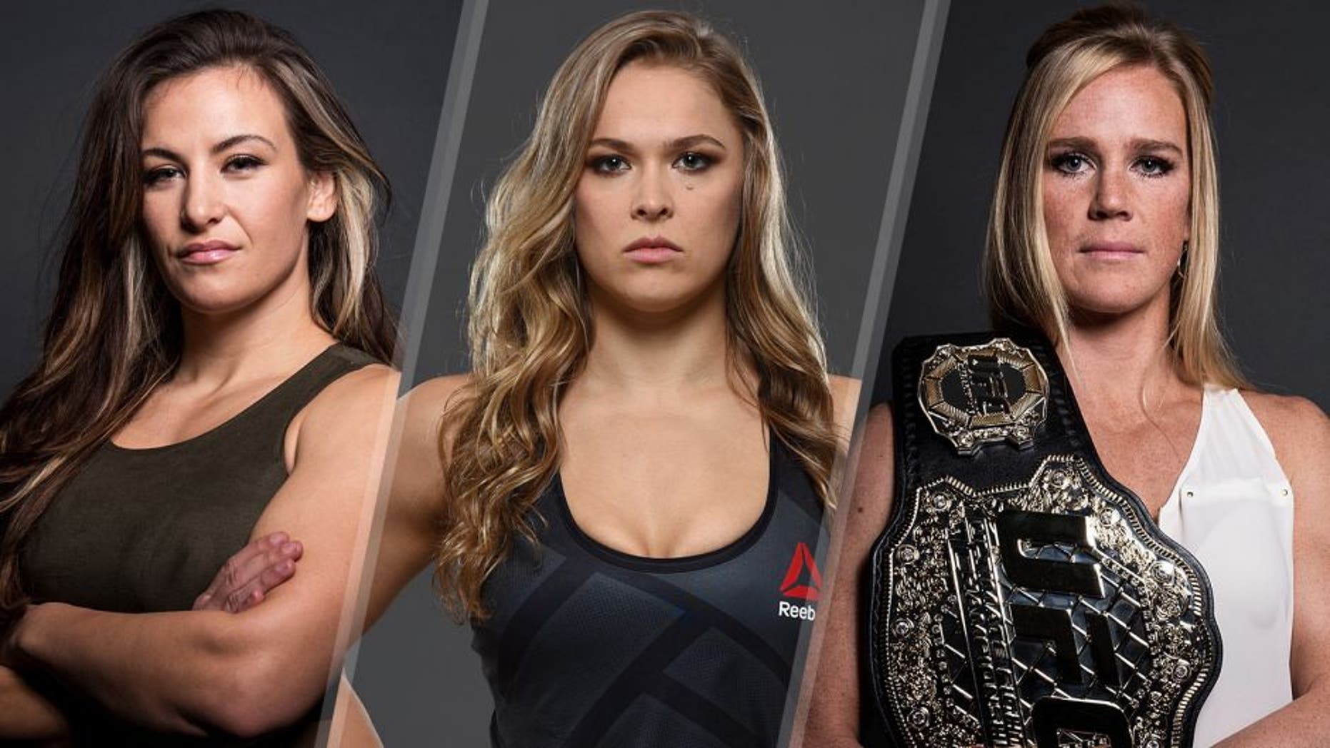 Miesha Tate poses for a portrait backstage during the UFC 197 on-sale press conference event inside MGM Grand Hotel & Casino on January 20, 2016 in Las Vegas, Nevada. (Photo by Brandon Magnus/Zuffa LLC/Zuffa LLC via Getty Images) UFC women's bantamweight champion Ronda Rousey poses for a portrait during a UFC photo session at the Sheraton Rio Hotel on July 28, 2015 in Rio de Janeiro, Brazil. (Photo by Jeff Bottari/Zuffa LLC/Zuffa LLC via Getty Images) UFC bantamweight champion Holly Holm poses for a portrait backstage during the UFC 197 on-sale press conference event inside MGM Grand Hotel & Casino on January 20, 2016 in Las Vegas, Nevada. (Photo by Brandon Magnus/Zuffa LLC/Zuffa LLC via Getty Images)