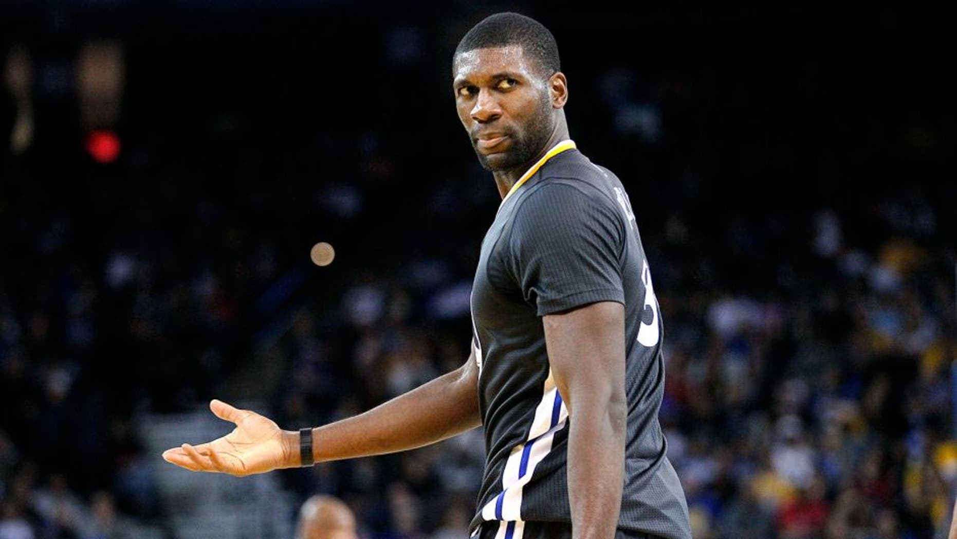 Nov 15, 2014; Oakland, CA, USA; Golden State Warriors center Festus Ezeli (31) looks towards a referee after a play against the Charlotte Hornets in the fourth quarter at Oracle Arena. The Warriors defeated the Hornets 112-87. Mandatory Credit: Cary Edmondson-USA TODAY Sports