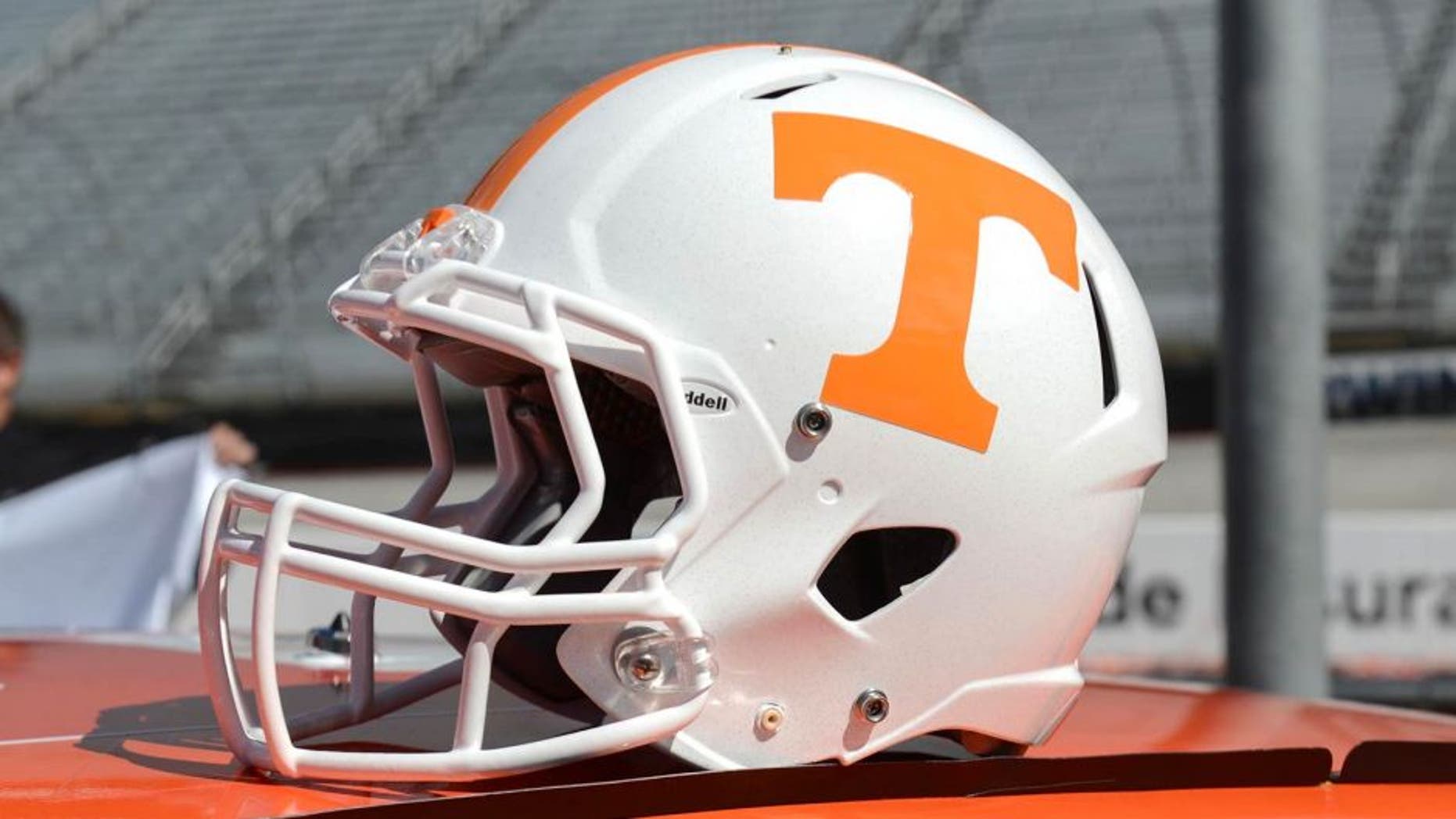 Oct 14, 2013; Knoxville, TN, USA; A helmet on display after the announcement that the Tennessee Volunteers and Virginia Tech Hokies will play a football game on Sep. 10, 2016 at Bristol Motor Speedway. Mandatory Credit: Randy Sartin-USA TODAY Sports