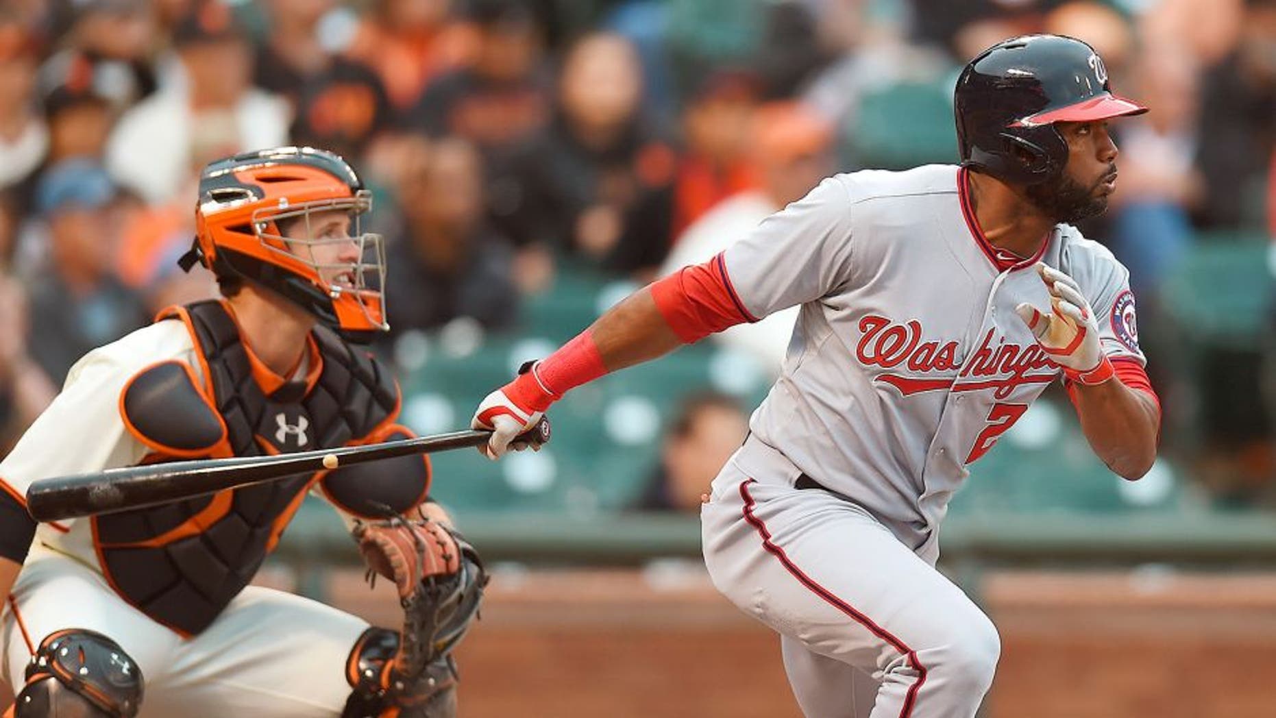 SAN FRANCISCO, CA - JUNE 10: Denard Span #2 of the Washington Nationals bats in the top of the first inning against the San Francisco Giants at AT&T Park on June 10, 2014 in San Francisco, California. (Photo by Thearon W. Henderson/Getty Images) *** Local Caption *** Denard Span