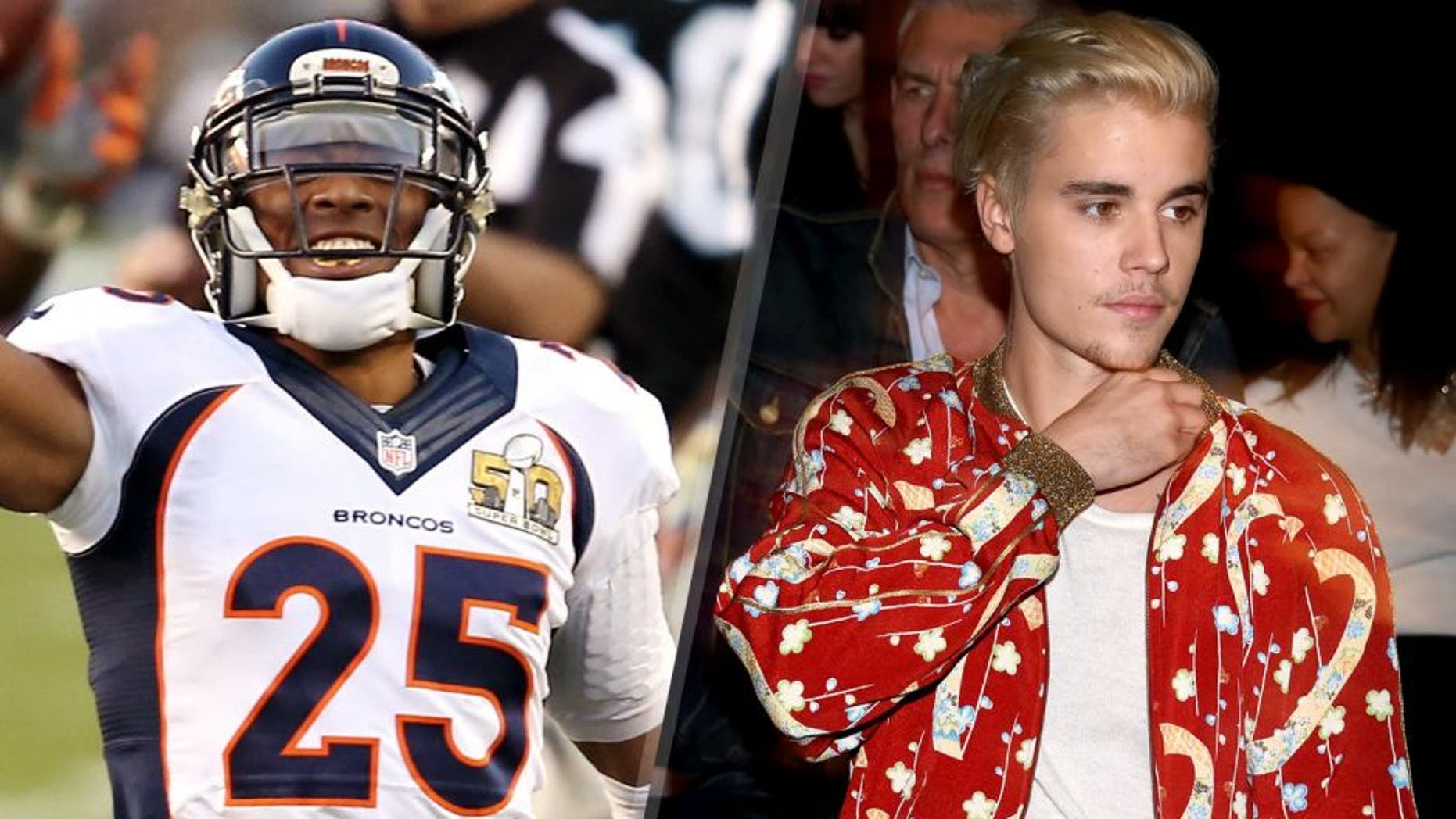 SANTA CLARA, CA - FEBRUARY 07: Chris Harris Jr. #25 of the Denver Broncos reacts after Denver recovered a fumble by Mike Tolbert #35 of the Carolina Panthers during Super Bowl 50 at Levi's Stadium on February 7, 2016 in Santa Clara, California. (Photo by Andy Lyons/Getty Images) Justin Bieber attends the Yves Saint Laurent men's fall line and the first part of its women's collection fashion show at the Paladium, in Hollywood, California, February 10, 2016. / AFP / FREDERIC J BROWN (Photo credit should read FREDERIC J BROWN/AFP/Getty Images)