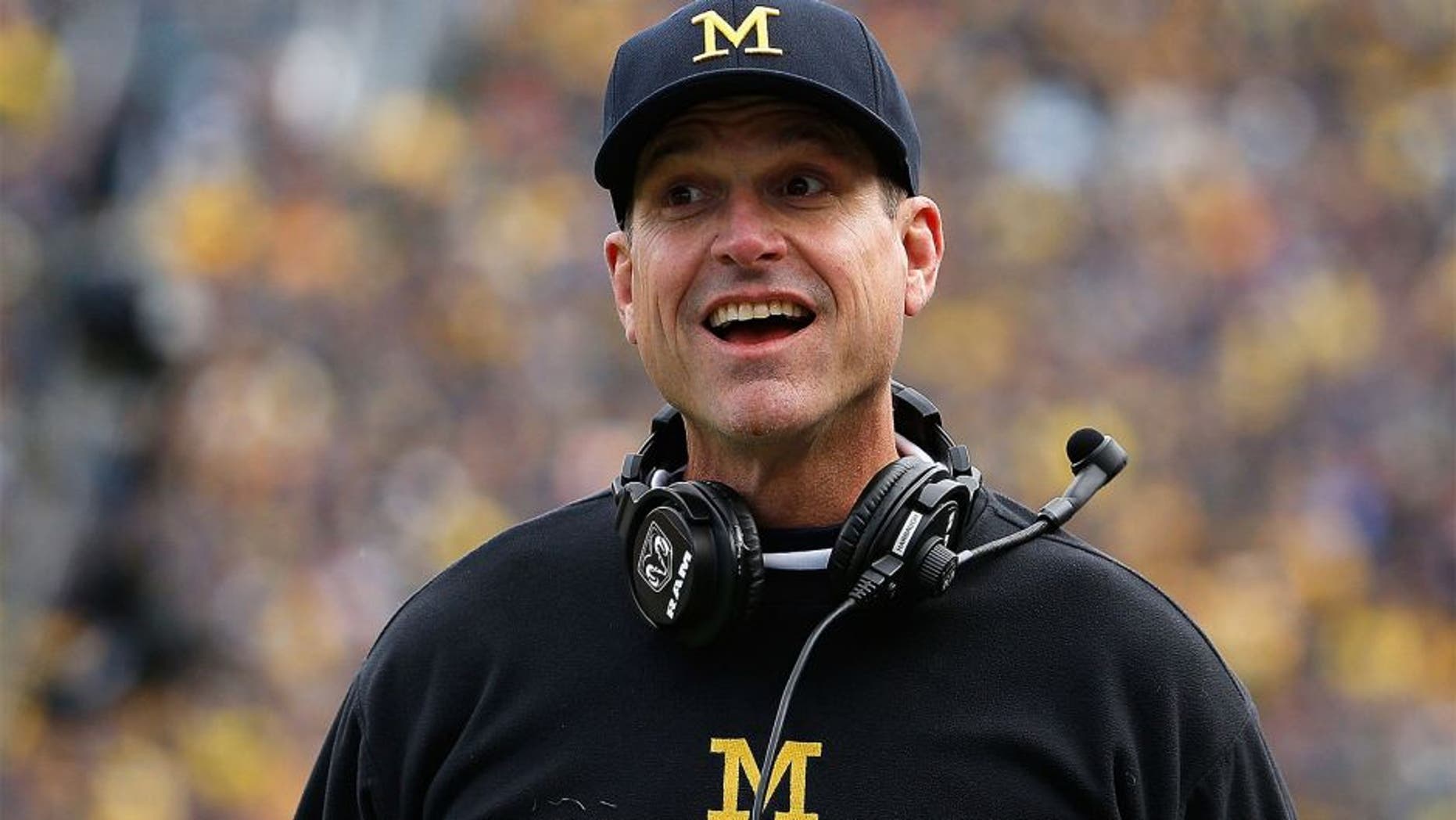 ANN ARBOR, MI - OCTOBER 17: Head coach Jim Harbaugh of the Michigan Wolverines reacts during the college football game against the Michigan State Spartans at Michigan Stadium on October 17, 2015 in Ann Arbor, Michigan. The Spartans defeated the Wolverines 27-23. (Photo by Christian Petersen/Getty Images)