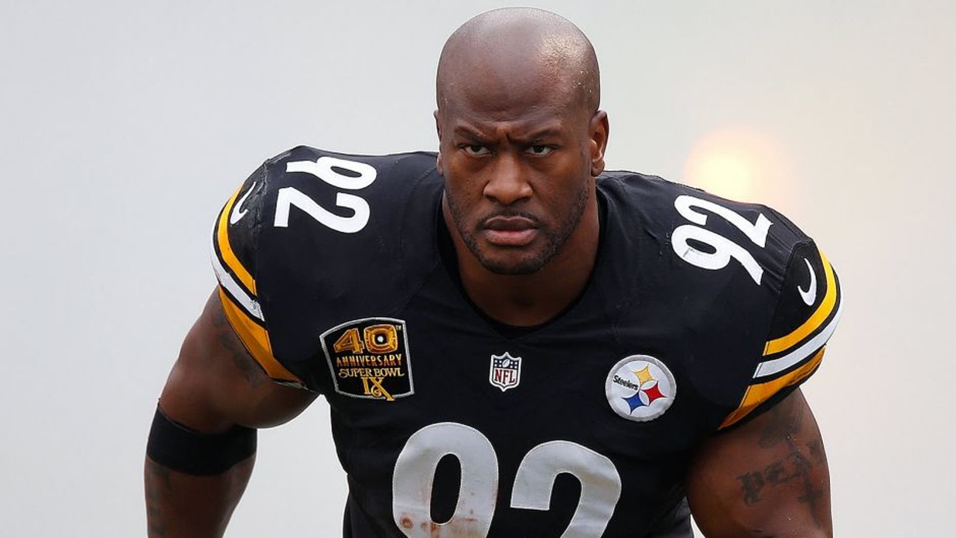 PITTSBURGH, PA - NOVEMBER 30: James Harrison #92 of the Pittsburgh Steelers is introduced prior to the game against the New Orleans Saints at Heinz Field on November 30, 2014 in Pittsburgh, Pennsylvania. (Photo by Gregory Shamus/Getty Images)