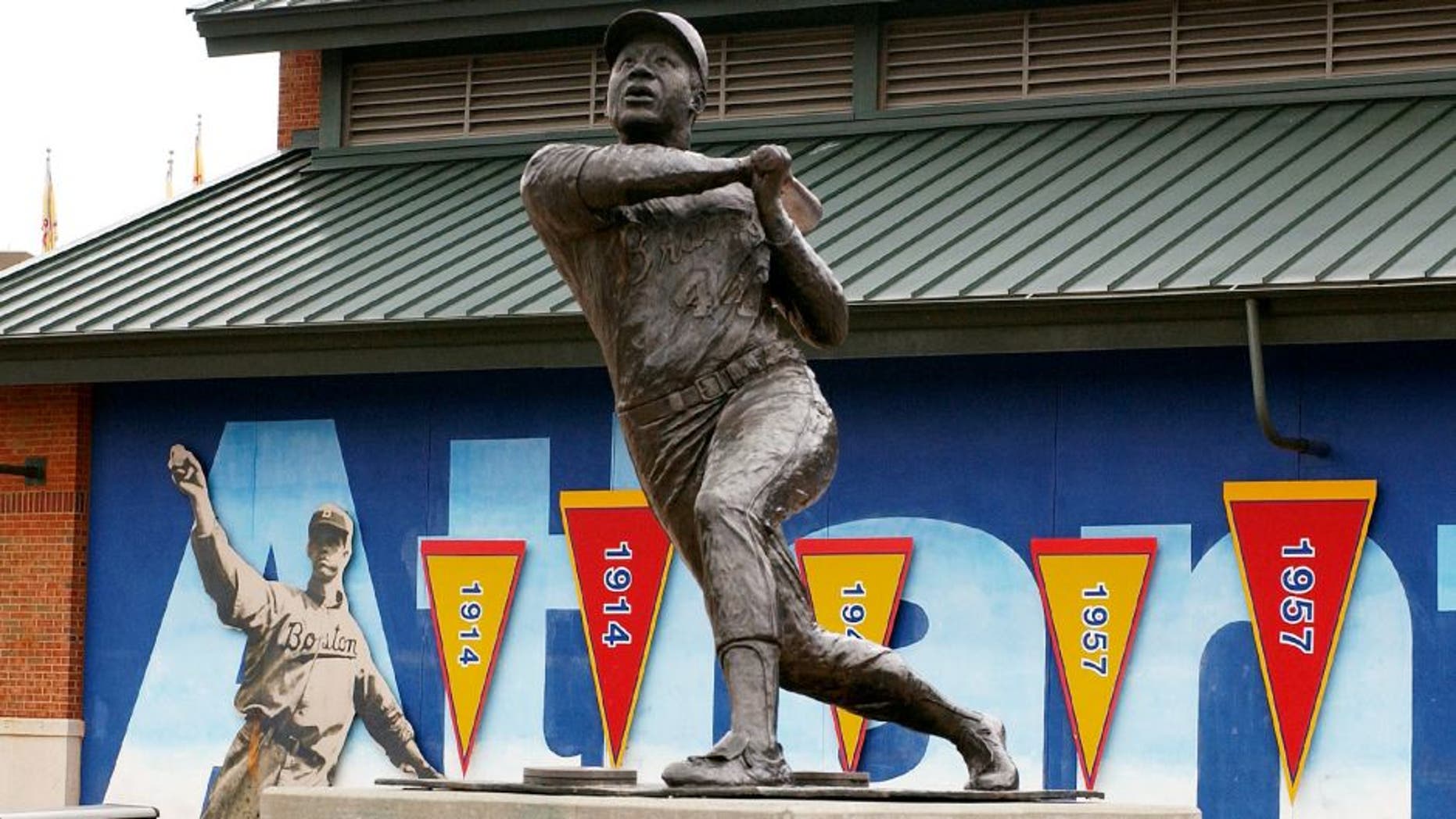 ATLANTA - JULY 26: At Turner Field, a statue at honors #44 Hank Aaron and his career with the Braves (1954-1974), on July 26, 2004 in Atlanta, Georgia. (Photo by Scott Cunningham/Getty Images)