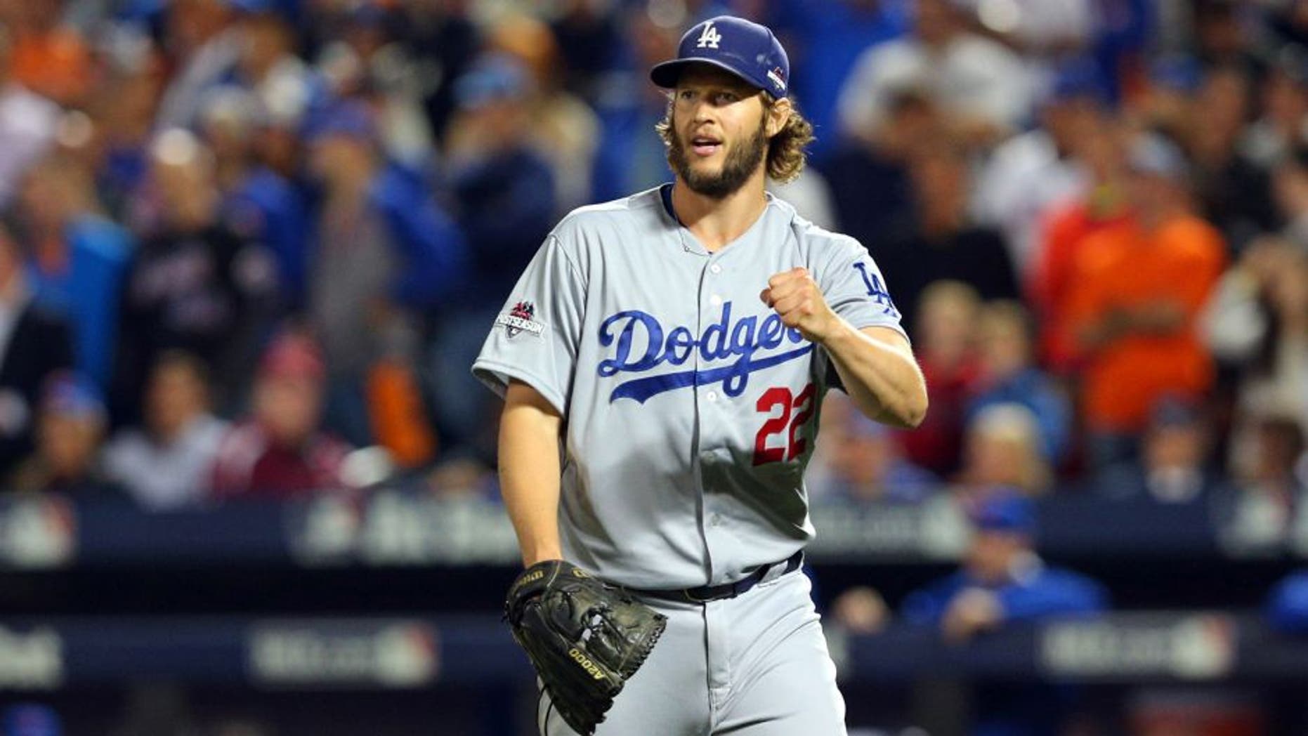 Oct 13, 2015; New York City, NY, USA; Los Angeles Dodgers starting pitcher Clayton Kershaw (22) reacts after the seventh inning against the New York Mets in game four of the NLDS at Citi Field. Mandatory Credit: Brad Penner-USA TODAY Sports