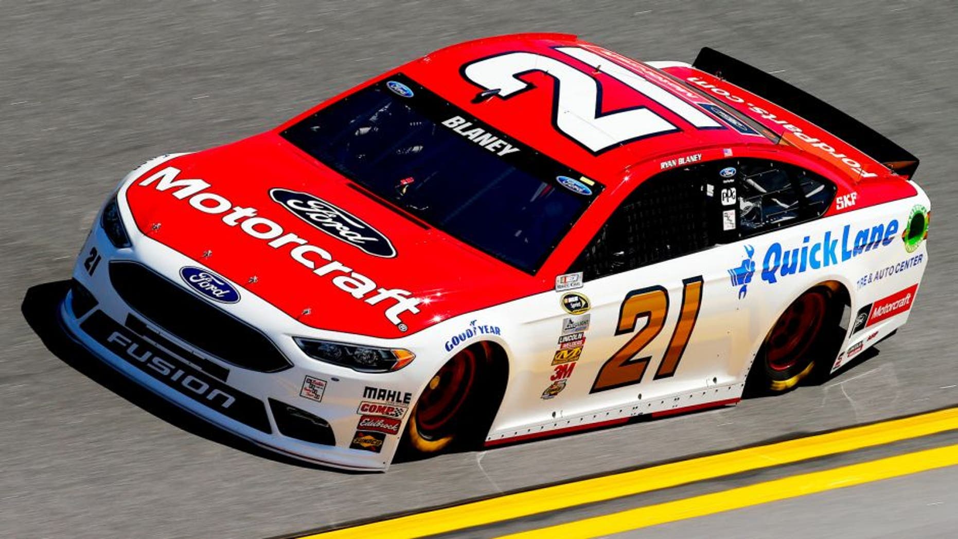 DAYTONA BEACH, FL - FEBRUARY 13: Ryan Blaney, driver of the #21 Motorcraft/Quick Lane Tire & Auto Center Ford, practices for the NASCAR Sprint Cup Series Daytona 500 at Daytona International Speedway on February 13, 2016 in Daytona Beach, Florida. (Photo by Jonathan Ferrey/NASCAR via Getty Images)