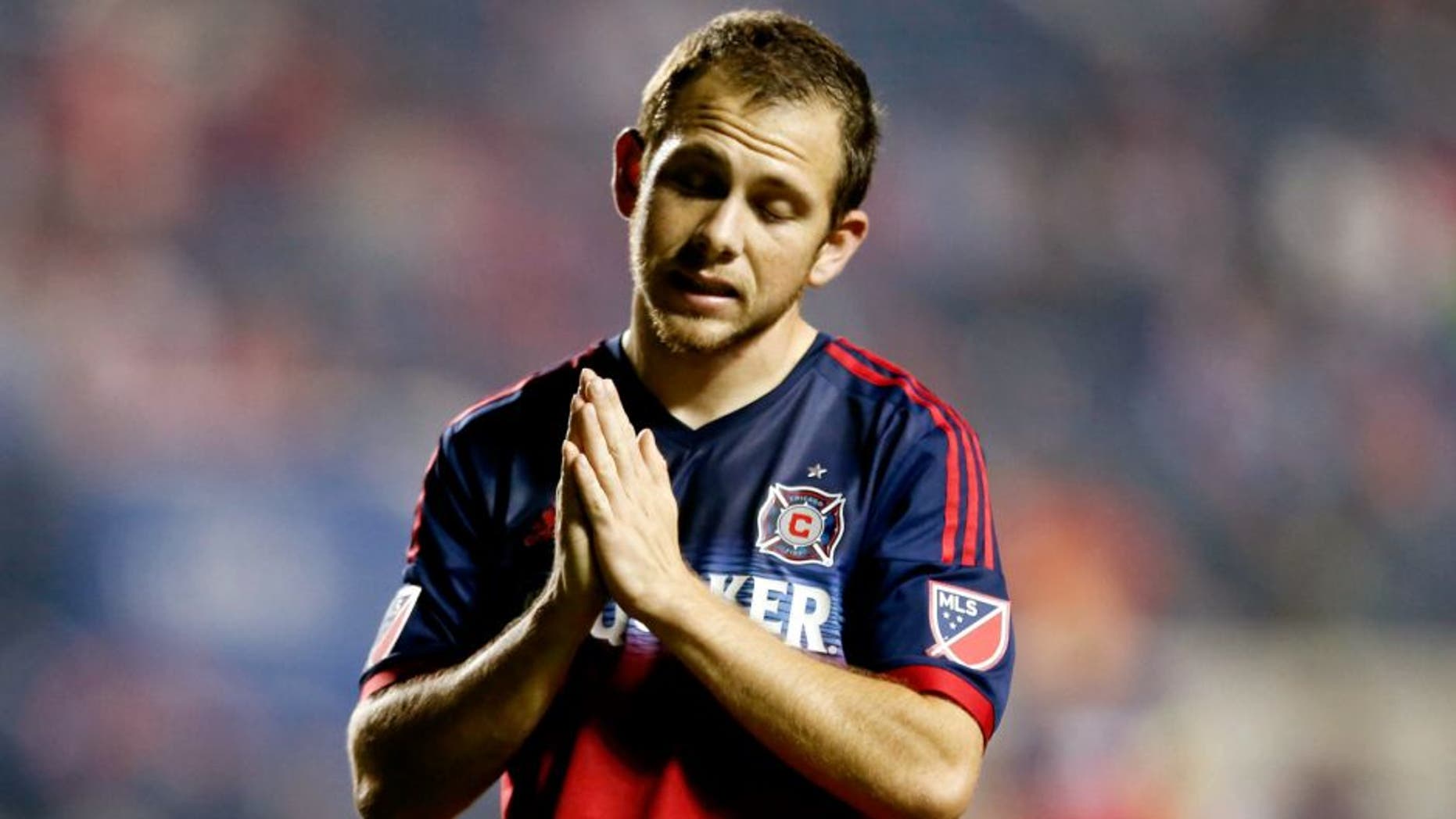 Oct 25, 2015; Chicago, IL, USA; Chicago Fire midfielder Harry Shipp (19)reacts after missed shot against the New York Red Bulls during the second half at Toyota Park. Mandatory Credit: Kamil Krzaczynski-USA TODAY Sports