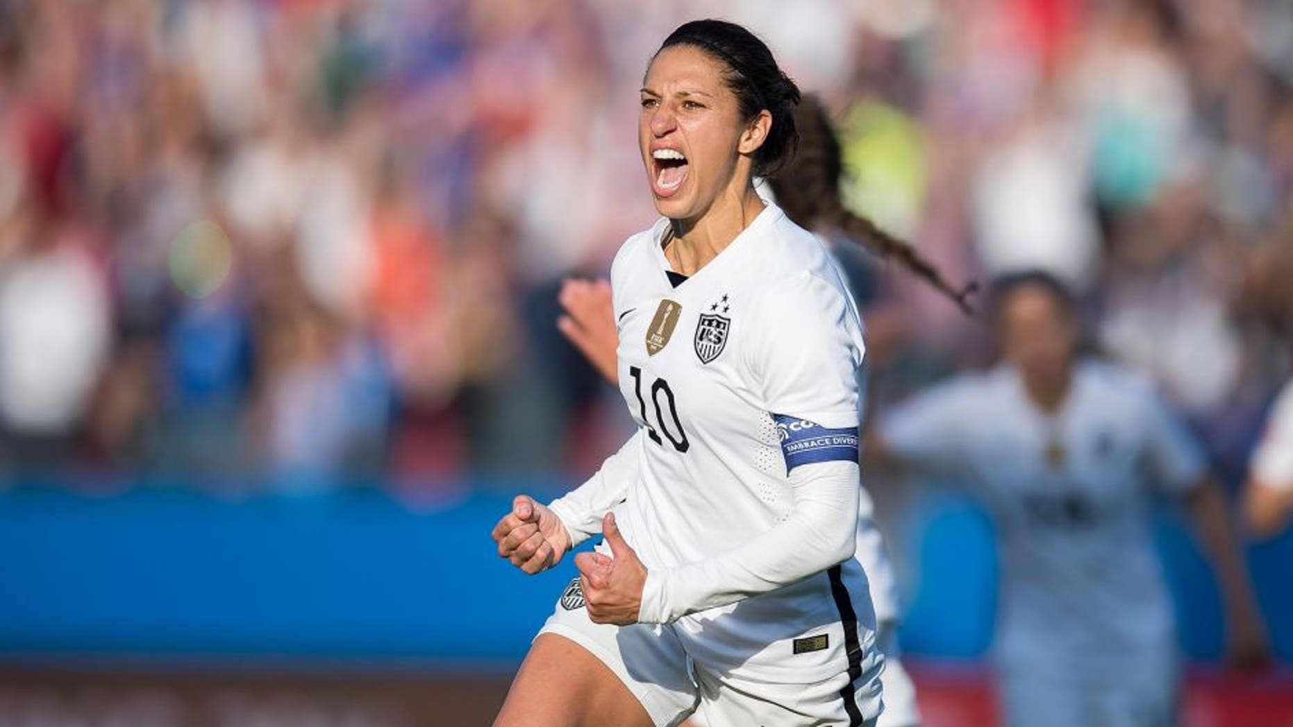 Action photo during the match Mexico vs United States, corresponding to Group -A- CONCACAF Womens Olympic Qualifying Texas 2016 at Toyota Stadium. Foto de accion durante el partido Mexico vs Estados Unidos, correspondiente al Grupo -A- del Preolimpico Femenino de CONCACAF Texas 2016 en el Estadio Toyota, en la foto: Festejo de gol de Carli Lloyd de USA 13/02/2016/MEXSPORT/Omar Martinez.