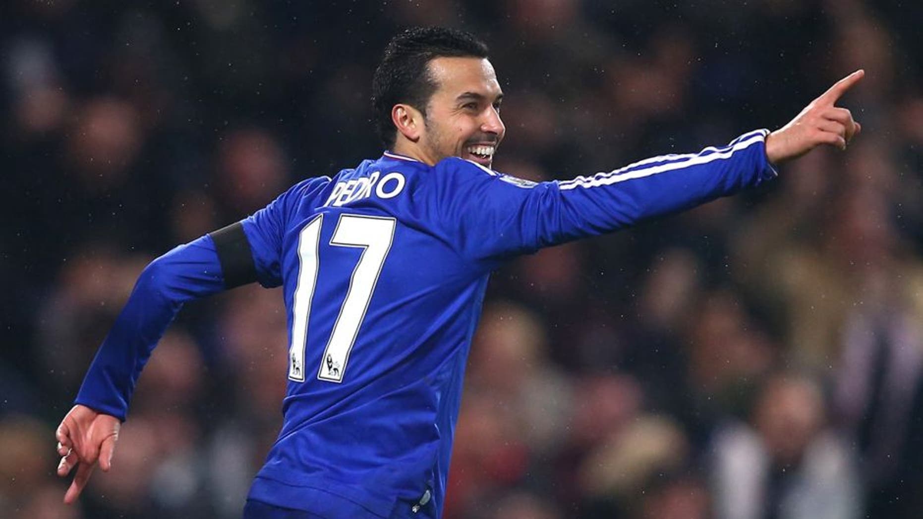 LONDON, ENGLAND - FEBRUARY 13: Pedro of Chelsea celebrates scoring his team's fourth goal during the Barclays Premier League match between Chelsea and Newcastle United at Stamford Bridge on February 13, 2016 in London, England. (Photo by Clive Rose/Getty Images)