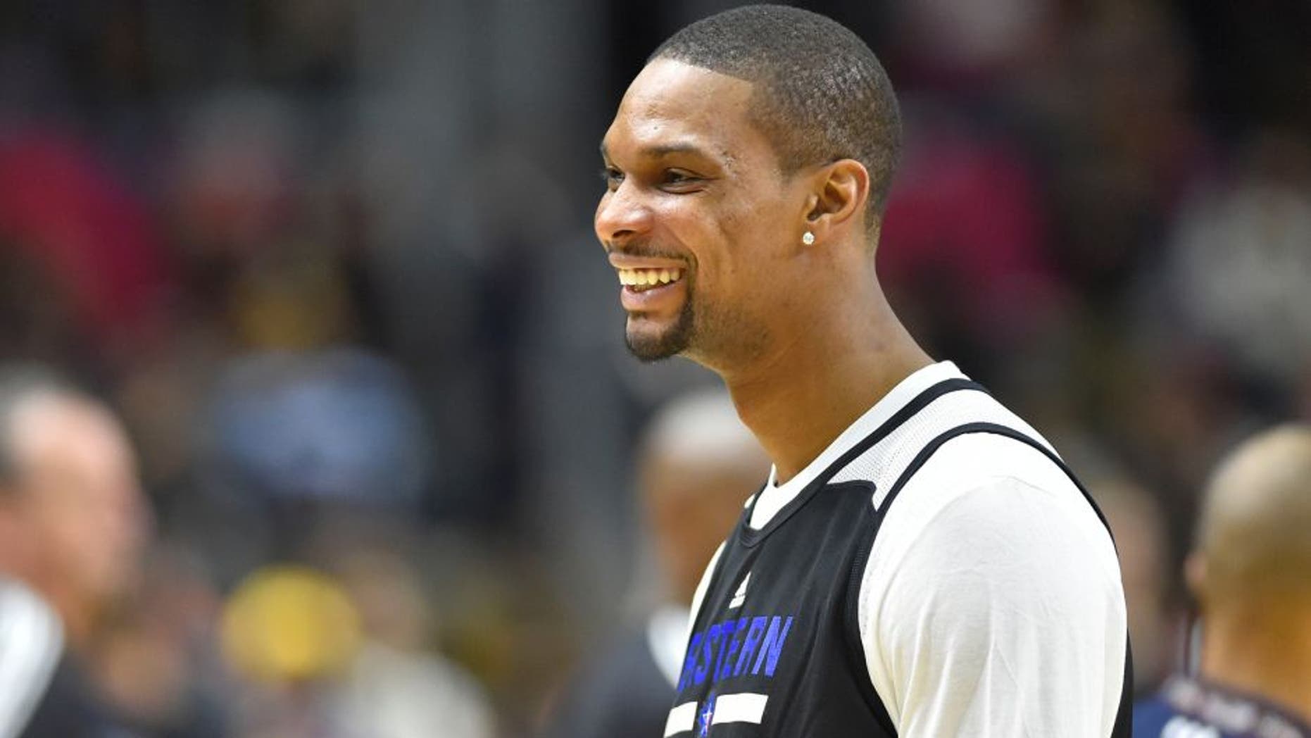 Feb 13, 2016; Toronto, Ontario, Canada; Eastern Conference forward Chris Bosh of the Miami Heat (1) looks on during practice for the NBA All Star game at Ricoh Coliseum. Mandatory Credit: Bob Donnan-USA TODAY Sports