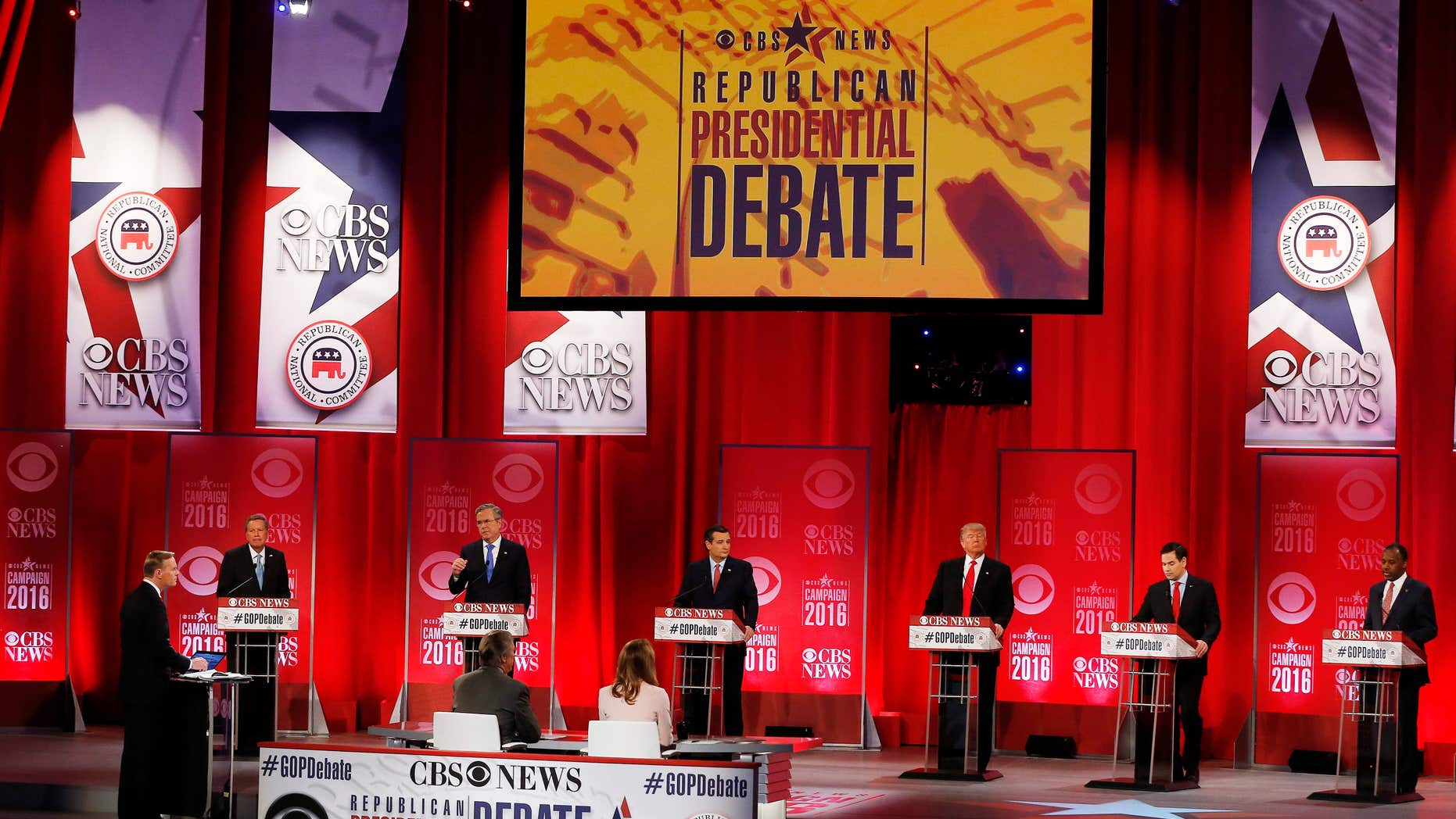 Republican presidential candidates, from left, Ohio Gov. John Kasich, former Florida Gov. Jeb Bush, Sen. Ted Cruz, R-Texas, businessman Donald Trump, Sen. Marco Rubio, R-Fla., retired neurosurgeon Ben Carson participate during the CBS News Republican presidential debate at the Peace Center, Saturday, Feb. 13, 2016, in Greenville, S.C.