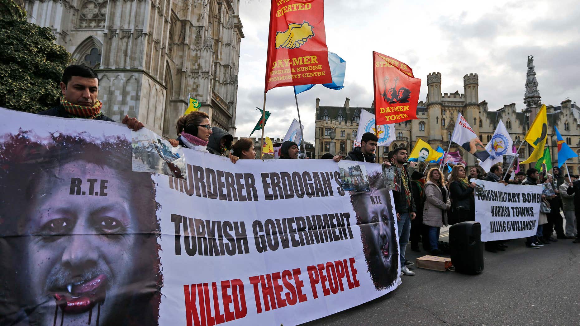 Feb. 4, 2016: Kurds demonstrate outside the conference center in London.