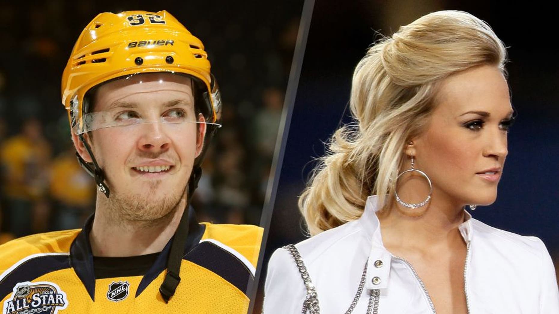 NASHVILLE, TN - JANUARY 16: Ryan Johansen #92 of the Nashville Predators skates in warm-ups prior to the game against the Minnesota Wild during an NHL game at Bridgestone Arena on January 16, 2016 in Nashville, Tennessee. (Photo by John Russell/NHLI via Getty Images) MIAMI GARDENS, FL - FEBRUARY 07: Singer Carrie Underwood performs during the pregame show prior to Super Bowl XLIV between the Indianapolis Colts and the New Orleans Saints on February 7, 2010 at Sun Life Stadium in Miami Gardens, Florida. (Photo by Donald Miralle/Getty Images)