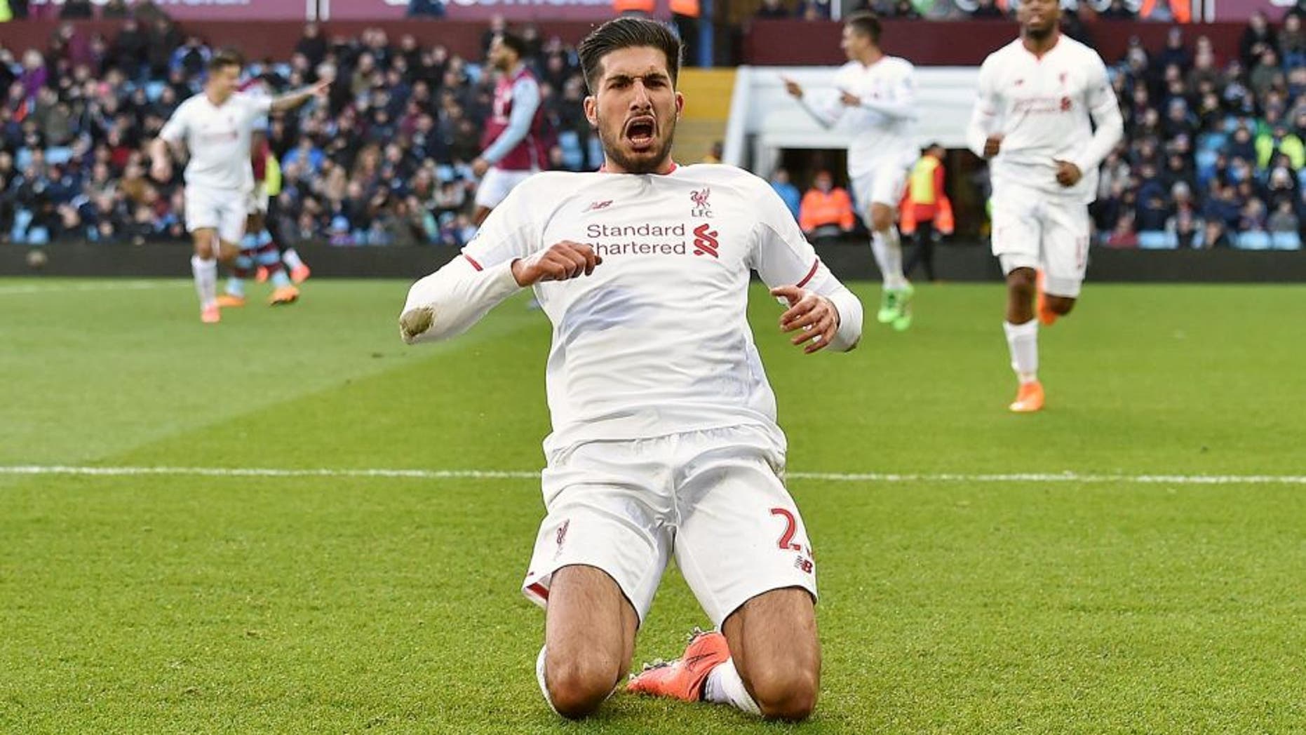 BIRMINGHAM, ENGLAND - FEBRUARY 14: (THE SUN OUT, THE SUN ON SUNDAY OUT) Emre Can of Liverpool celebrates after scoring during the Barclays Premier League match between Aston Villa and Liverpool at Villa Park on February 14, 2016 in Birmingham, England. (Photo by John Powell/Liverpool FC via Getty Images)
