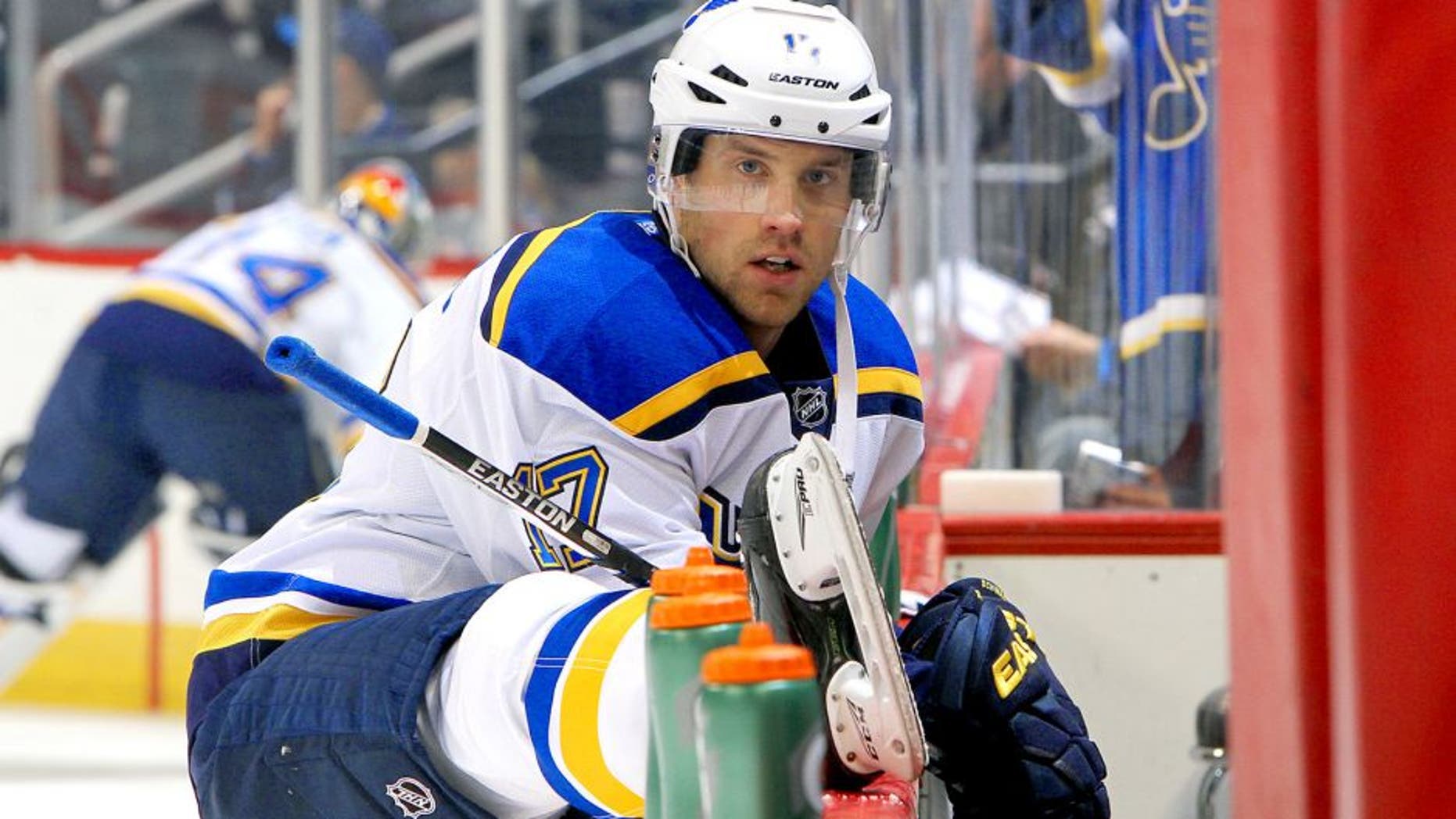 WINNIPEG, MB - OCTOBER 18: Jaden Schwartz #17 of the St. Louis Blues stretches at the bench during the pre-game warm up prior to NHL action against the Winnipeg Jets at the MTS Centre on October 18, 2015 in Winnipeg, Manitoba, Canada. (Photo by Jonathan Kozub/NHLI via Getty Images)