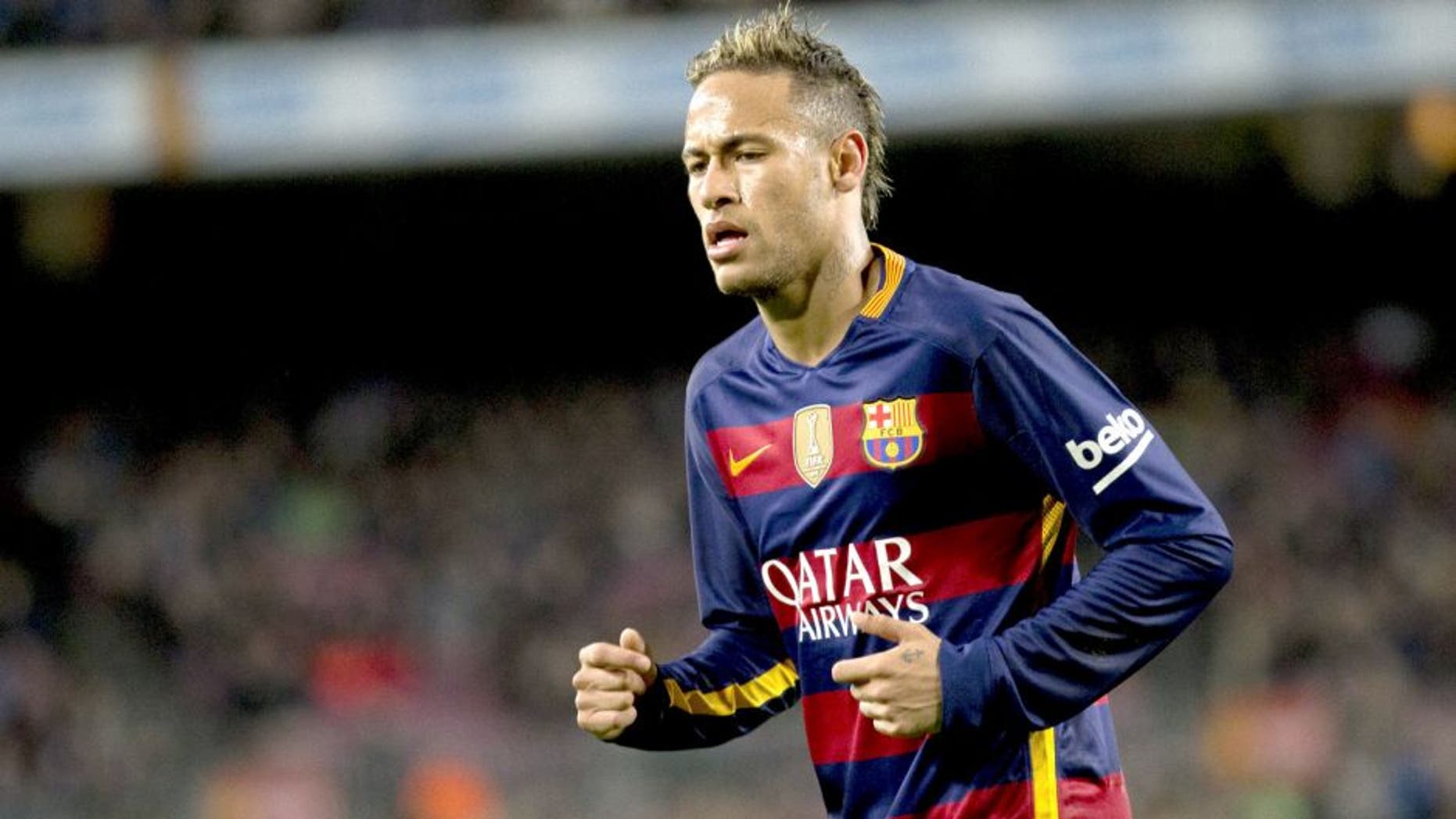 BARCELONA, SPAIN - FEBRUARY 3 : Barcelona's Neymar Jr in action during the Spanish Copa del Rey (King's Cup) semifinals first leg football match between FC Barcelona and Valencia Club de Futbol at the Camp Nou Stadium in Barcelona, Spain on February 3, 2016. (Photo by Albert Llop/Anadolu Agency/Getty Images)