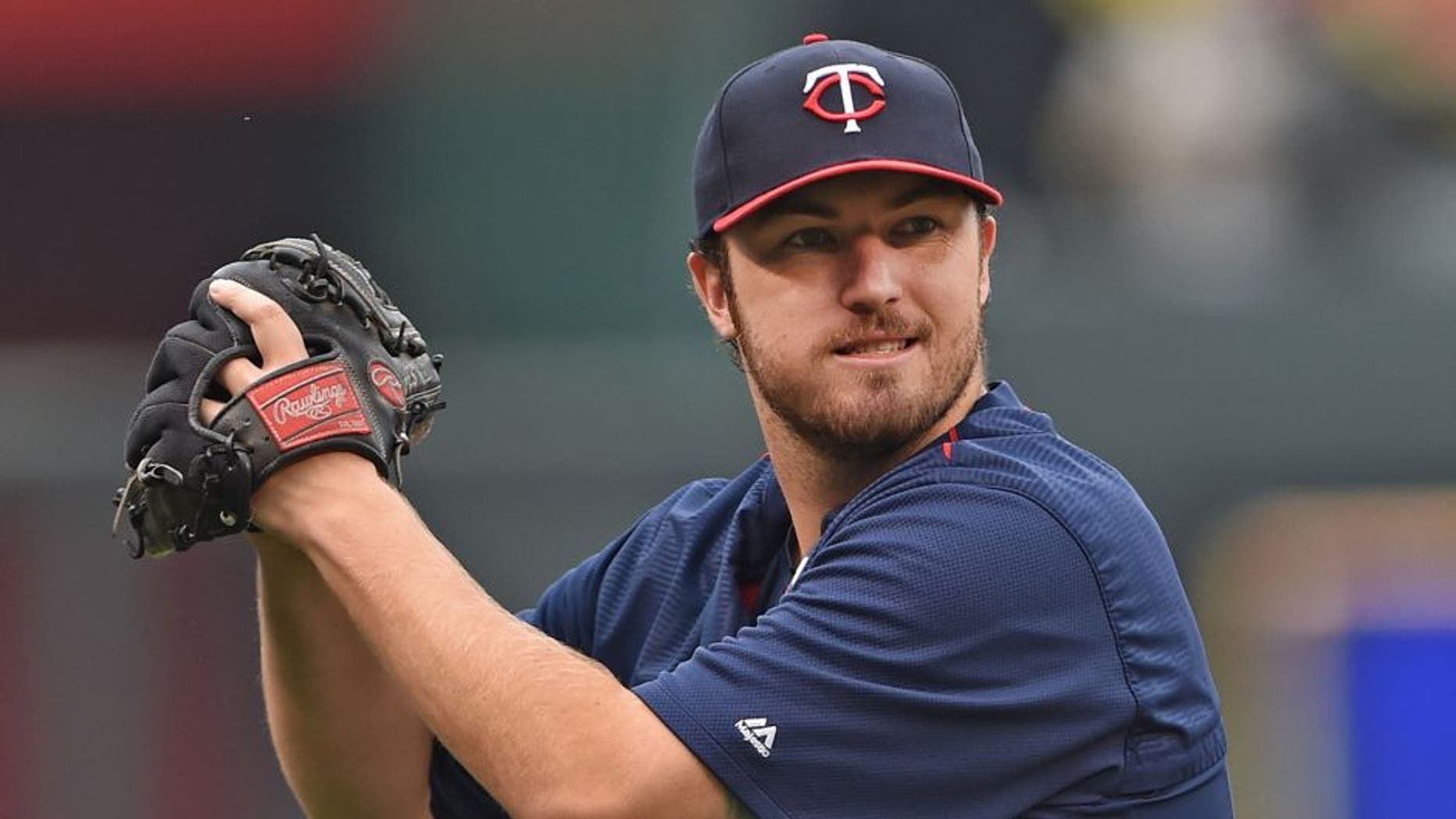Jul 2, 2015; Kansas City, MO, USA; Minnesota Twins pitcher Phil Hughes (45) looks on during batting practice prior to the game against the Kansas City Royals at Kauffman Stadium. Mandatory Credit: Peter G. Aiken-USA TODAY Sports