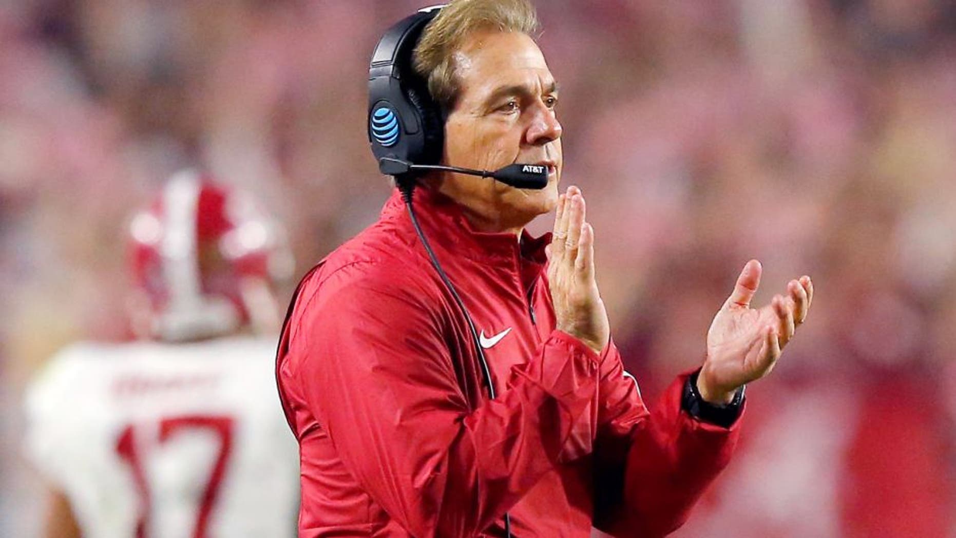 GLENDALE, AZ - JANUARY 11: Head coach Nick Saban celebrates after O.J. Howard #88 of the Alabama Crimson Tide scored a 53 yards touchdown in the third quarter against the Clemson Tigers during the 2016 College Football Playoff National Championship Game at University of Phoenix Stadium on January 11, 2016 in Glendale, Arizona. (Photo by Kevin C. Cox/Getty Images)