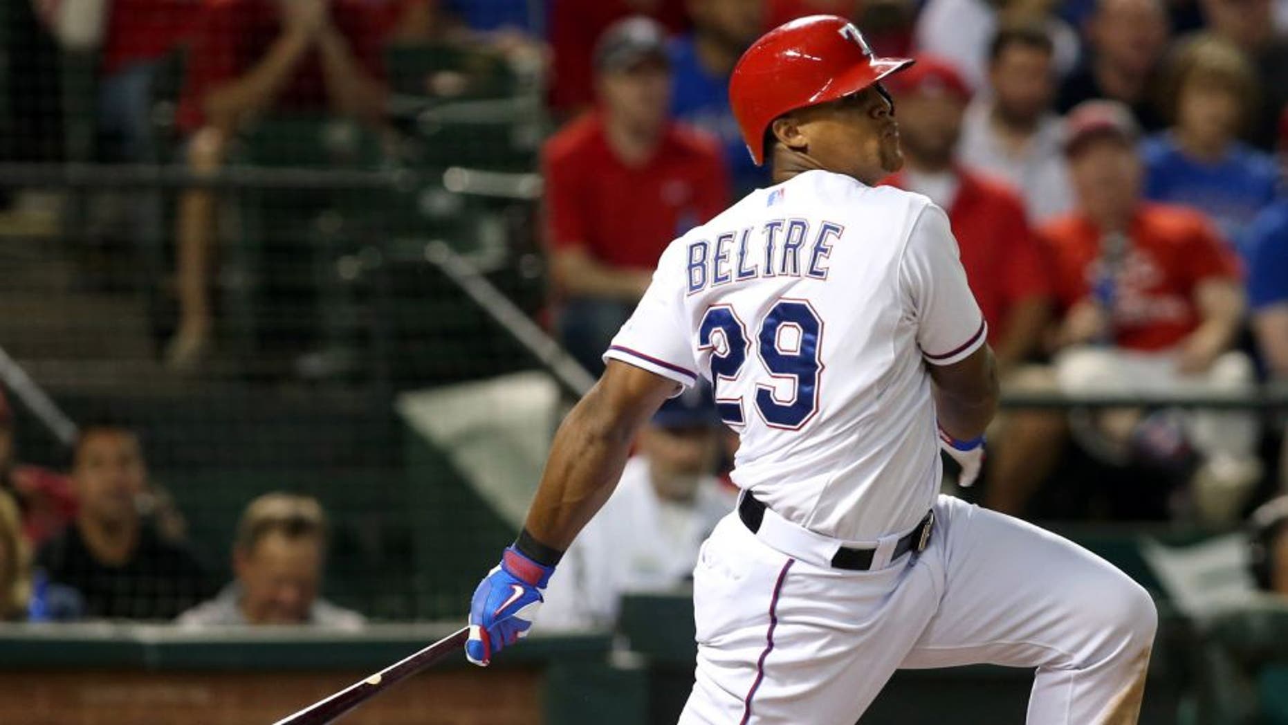 The Texas Rangers' Adrian Beltre singles in the seventh inning against the Los Angeles Angels at Globe Life Park in Arlington, Texas, on Thursday, Oct. 1, 2015. The Rangers won, 5-3. (Richard W. Rodriguez/Fort Worth Star-Telegram/TNS via Getty Images)