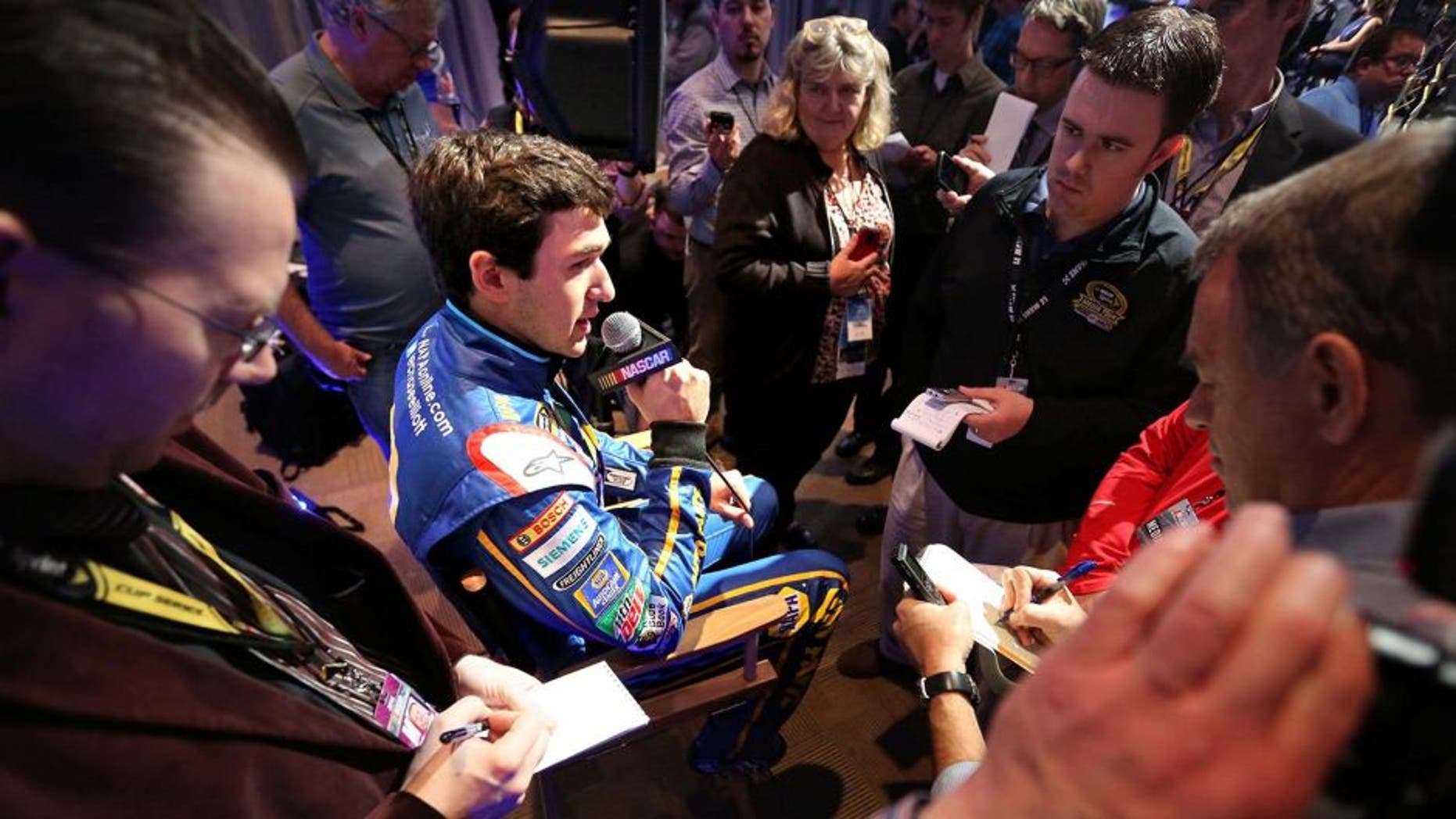 Daytona 500 pole winner Chase Elliott talks to the press at the 2016 NASCAR Media Day at the Daytona 500 Club, at Daytona International Speedway on Feb. 17, 2016 in Daytona Beach, Fla. (Joe Burbank/Orlando Sentinel/TNS via Getty Images)