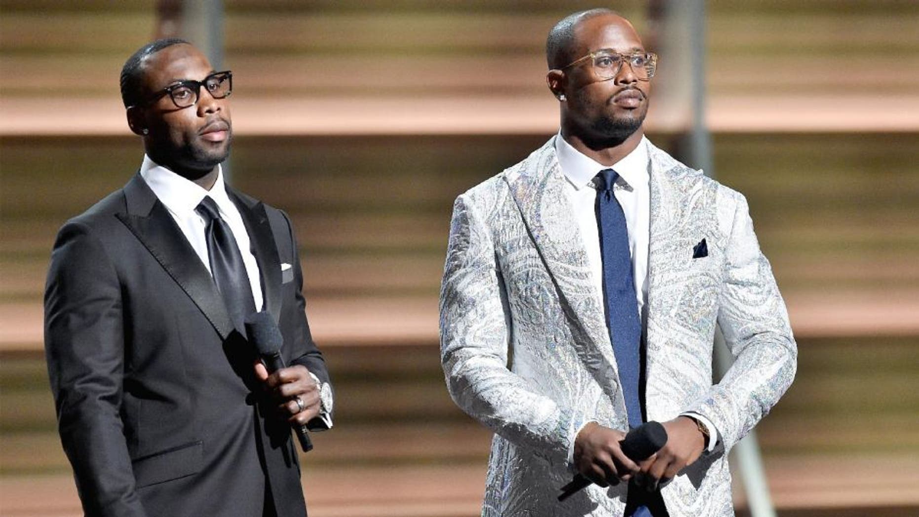 LOS ANGELES, CA - FEBRUARY 15: NFL players Anquan Boldin (L) and Von Miller onstage during The 58th GRAMMY Awards at Staples Center on February 15, 2016 in Los Angeles, California. (Photo by Kevork Djansezian/Getty Images for NARAS)