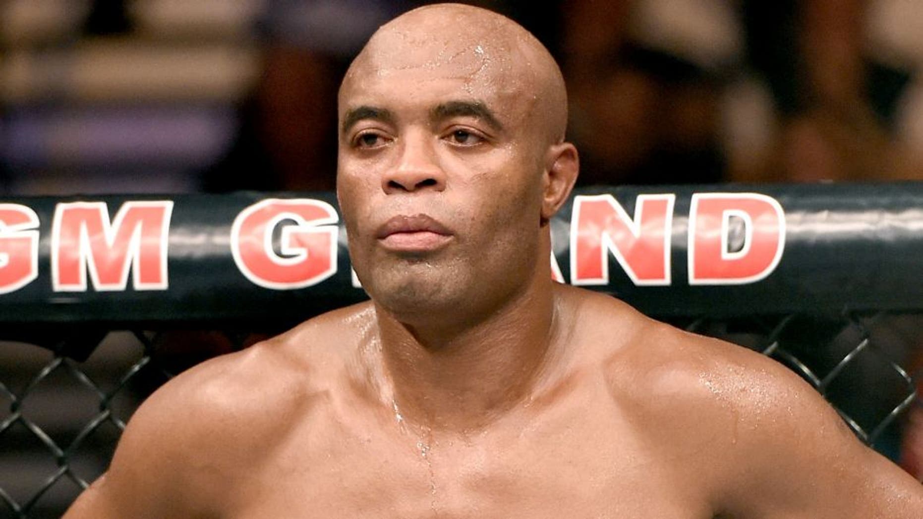 LAS VEGAS, NV - JANUARY 31: Anderson Silva of Brazil battles Nick Diaz (not pictured) in their middleweight bout during the UFC 183 event at the MGM Grand Garden Arena on January 31, 2015 in Las Vegas, Nevada. (Photo by Josh Hedges/Zuffa LLC/Zuffa LLC via Getty Images)
