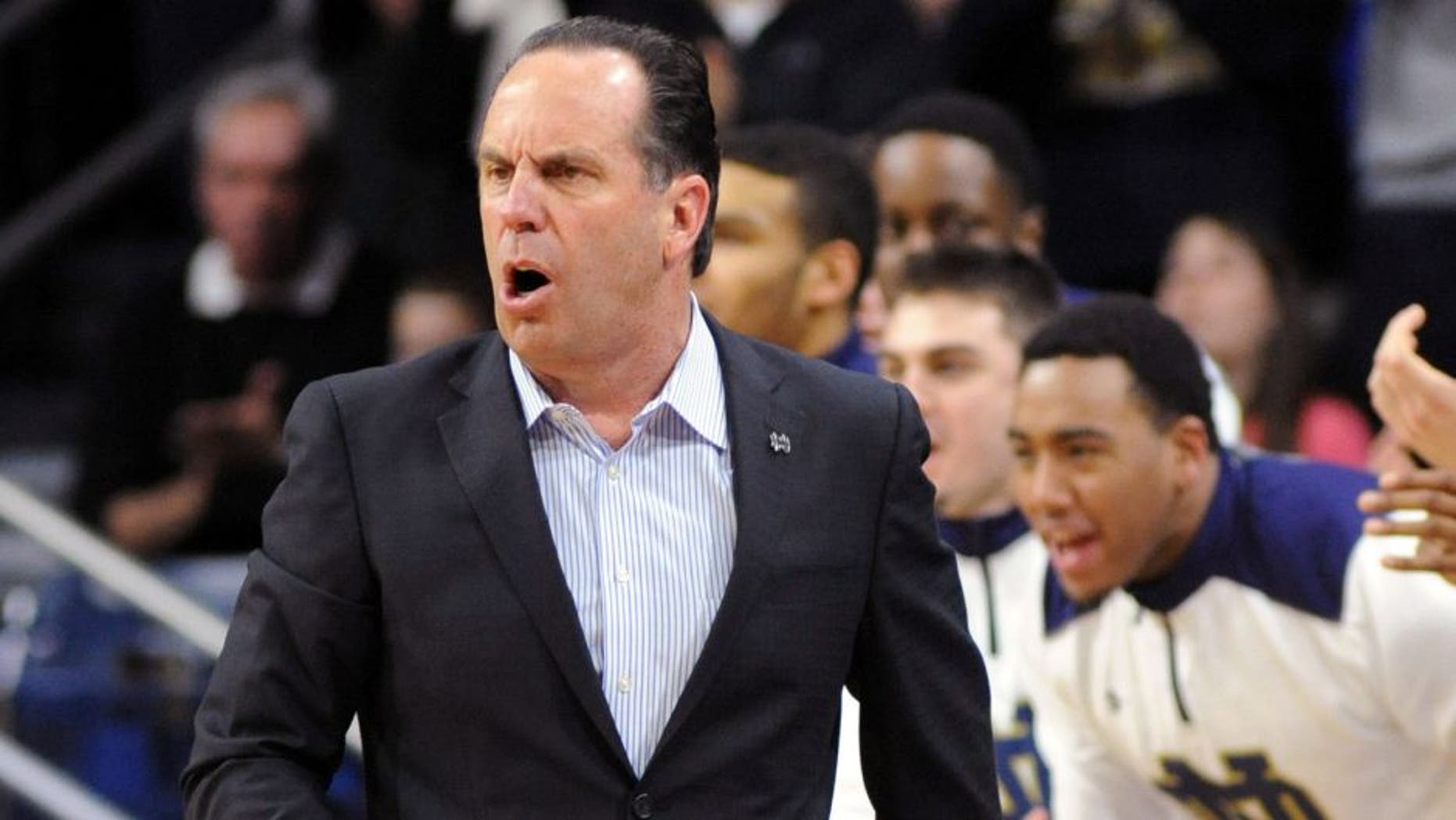 Notre Dame coach Mike Brey reacts to his team's play in the second half of an NCAA college basketball game against Wake Forest Tuesday, Feb. 17, 2015, in South Bend, Ind. Notre Dame won 88-75 pushing their record to 23-4. (AP Photo/Joe Raymond)