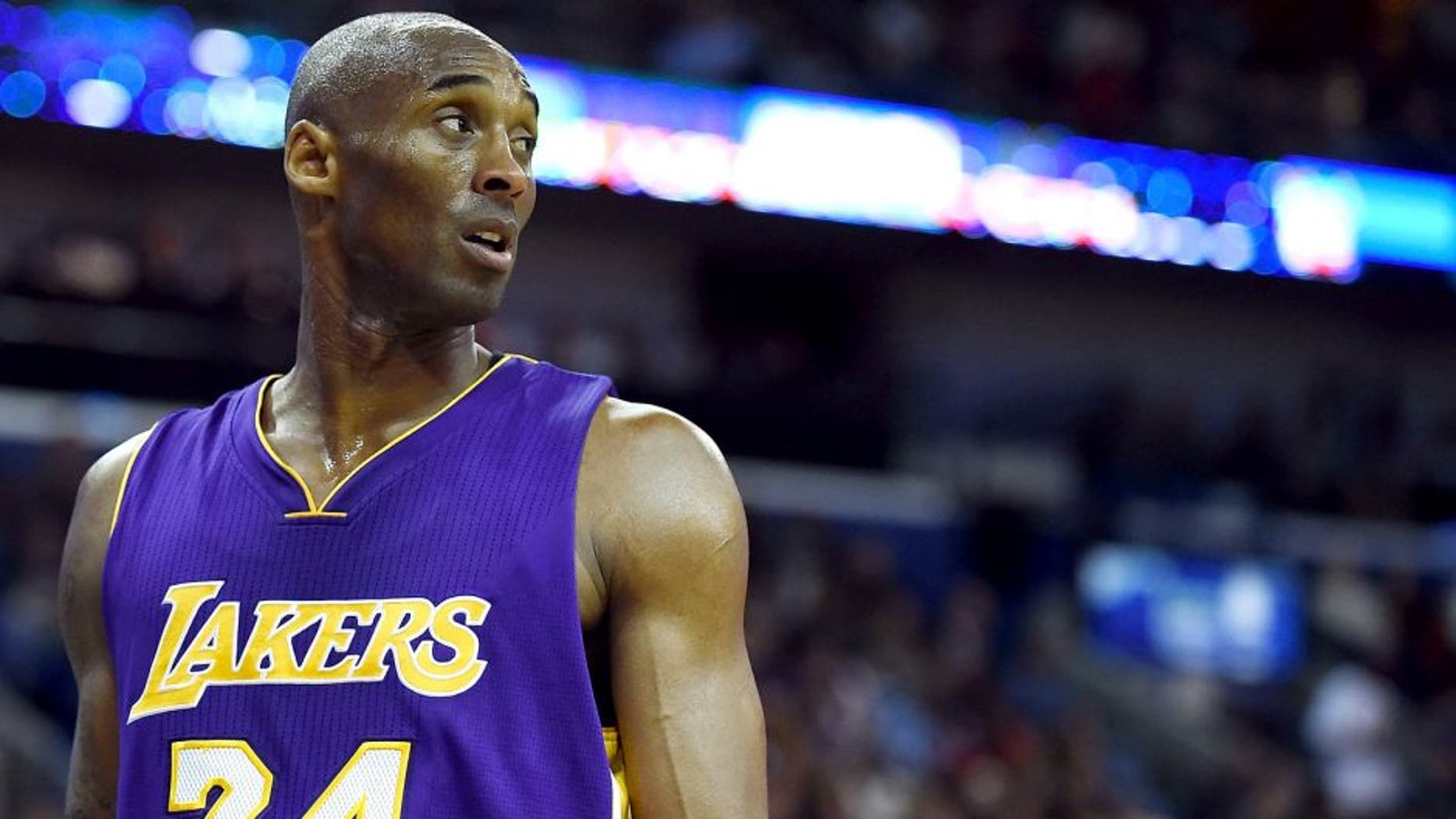 NEW ORLEANS, LA - JANUARY 21: Kobe Bryant #24 of the Los Angeles Lakers reacts to an officials call during the second half of a game against the New Orleans Pelicans at the Smoothie King Center on January 21, 2015 in New Orleans, Louisiana. NOTE TO USER: User expressly acknowledges and agrees that, by downloading and or using this photograph, User is consenting to the terms and conditions of the Getty Images License Agreement. (Photo by Stacy Revere/Getty Images)