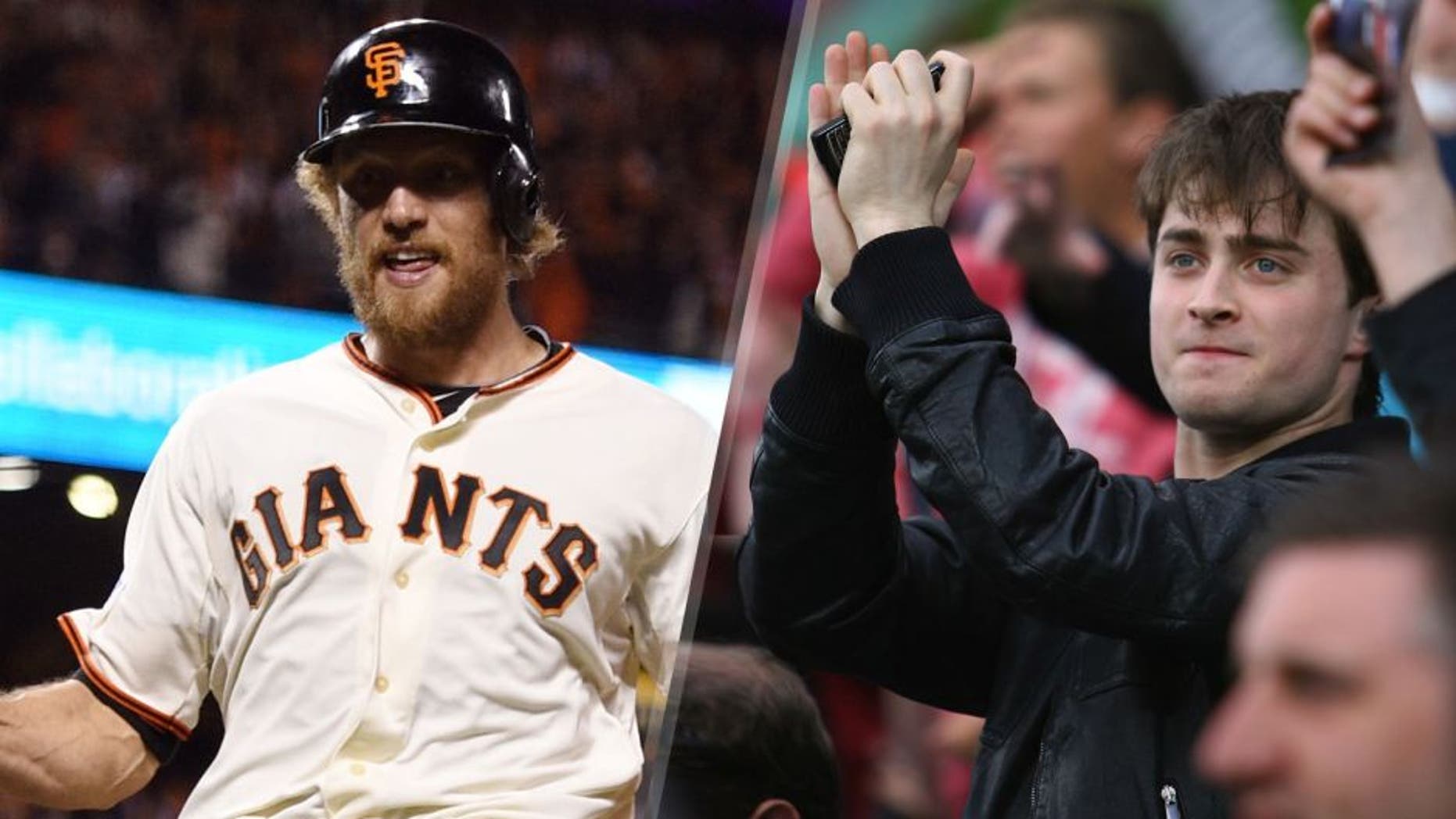 Oct 25, 2014; San Francisco, CA, USA; San Francisco Giants right fielder Hunter Pence reacts after scoring the tying run against the Kansas City Royals in the fifth inning during game four of the 2014 World Series at AT&T Park. Mandatory Credit: Kyle Terada-USA TODAY Sports LONDON, ENGLAND - JUNE 07: Harry Potter actor Daniel Radcliffe cheers on England during the ICC Twenty20 World Cup match between England and Pakistan at The Brit Oval on June 7, 2009 in London, England. (Photo by Tom Shaw/Getty Images) *** Local Caption *** Daniel Radcliffe