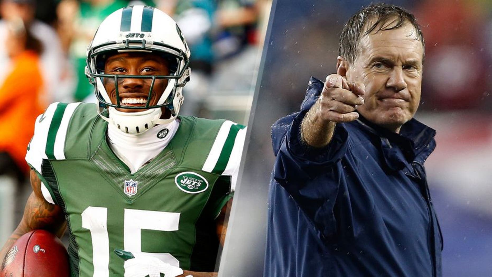 EAST RUTHERFORD, NJ - DECEMBER 13: Brandon Marshall #15 of the New York Jets celebrates after scoring a touchdown in the second quarter against the Tennessee Titans during their game at MetLife Stadium on December 13, 2015 in East Rutherford, New Jersey. (Photo by Al Bello/Getty Images) FOXBORO, MA - SEPTEMBER 12: Bill Belichick reacts after D'Brickashaw Ferguson #60 of the New York Jets shoved Aqib Talib #31 of the New England Patriots, who intercepted a pass, in the 4th quarter at Gillette Stadium on September 12, 2013 in Foxboro, Massachusetts. (Photo by Jim Rogash/Getty Images)