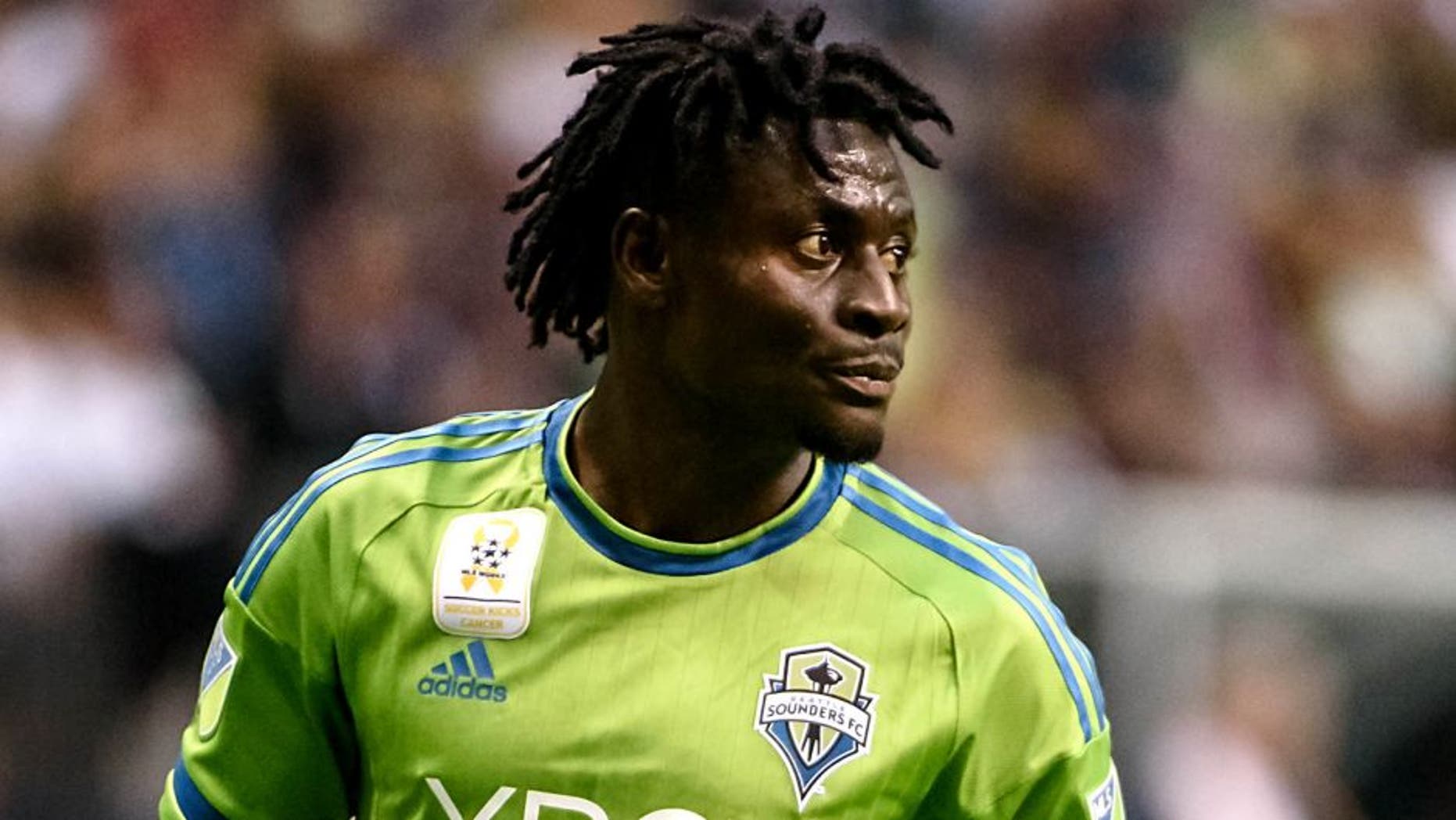 Sep 19, 2015; Vancouver, British Columbia, CAN; Seattle Sounders forward Obafemi Martins (9) awaits the start of play against the Vancouver Whitecaps during the first half at BC Place. The Seattle Sounders won 3-0. Mandatory Credit: Anne-Marie Sorvin-USA TODAY Sports