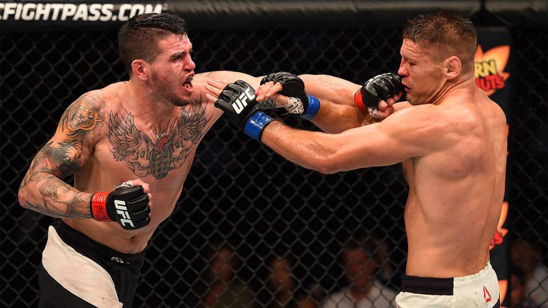 NASHVILLE, TN - AUGUST 08: (L-R) Chris Camozzi punches Tom Watson of England in their middleweight bout during the UFC Fight Night event at Bridgestone Arena on August 8, 2015 in Nashville, Tennessee. (Photo by Josh Hedges/Zuffa LLC/Zuffa LLC via Getty Images)