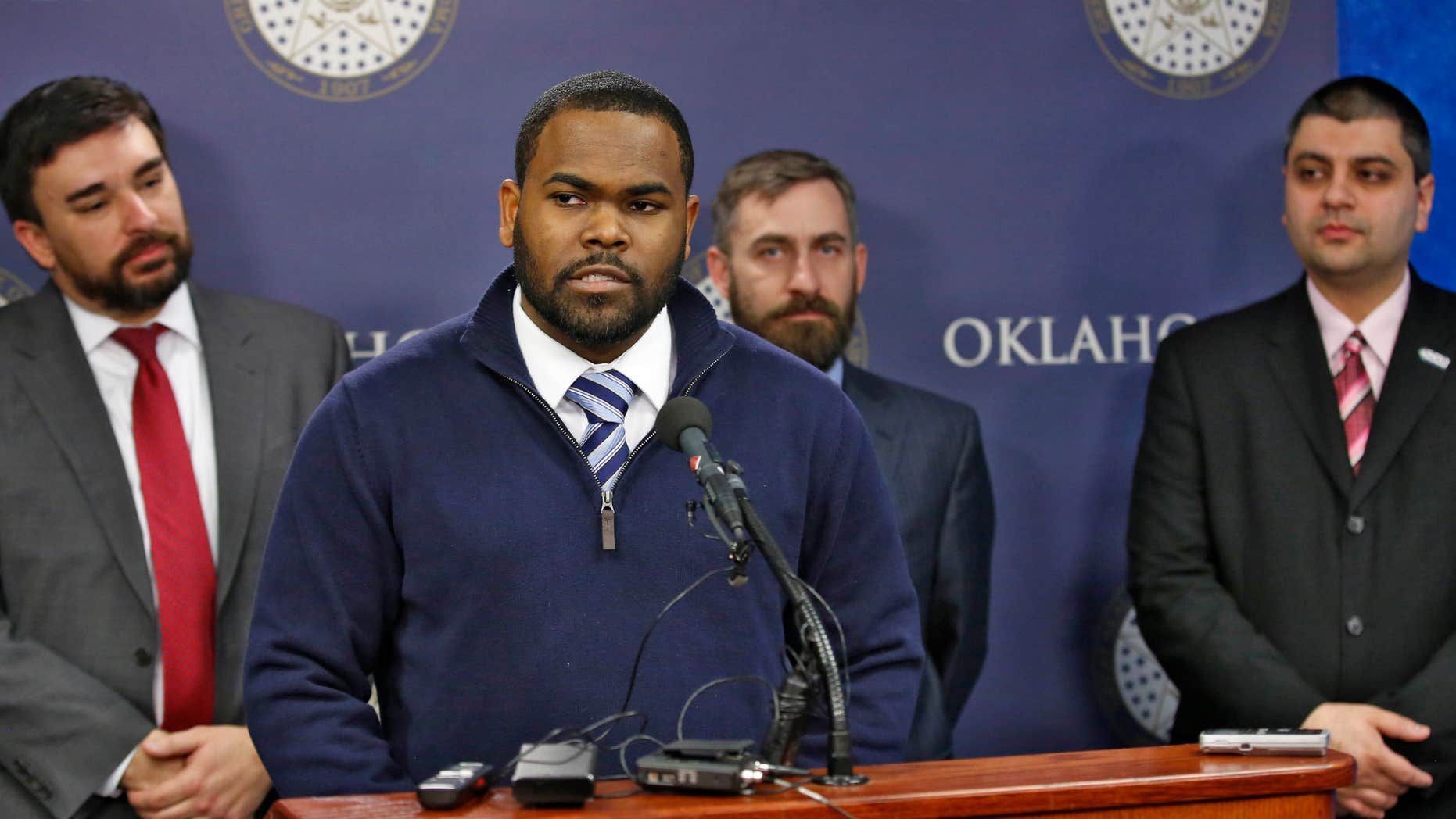 Feb. 17, 2016: Raja'ee Fatihah speaks to members of the media at the state Capitol in Oklahoma City.