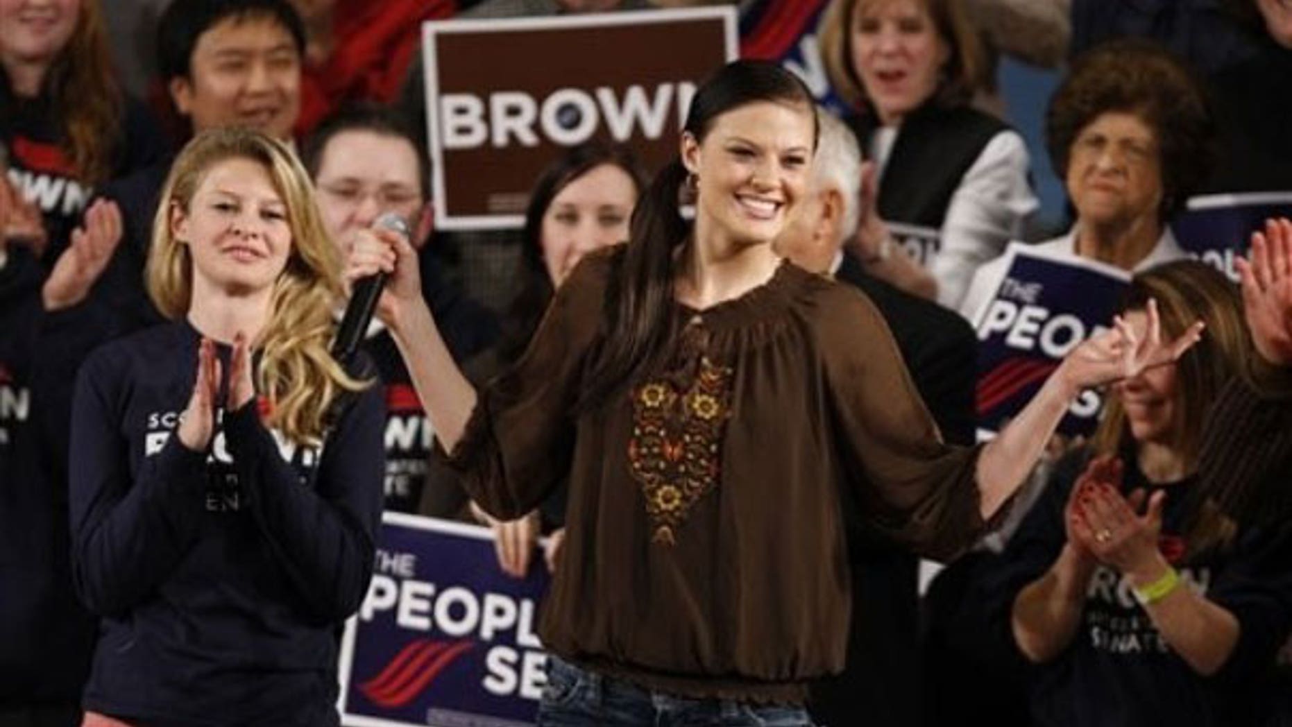 FILE: The daughters of Massachusetts Sen. Scott Brown, Ayla, right, a student at Boston College, and Arianna, left, a student at Syracuse University, are introduced at a campaign rally in Worcester, Mass., on Jan. 17. (AP).