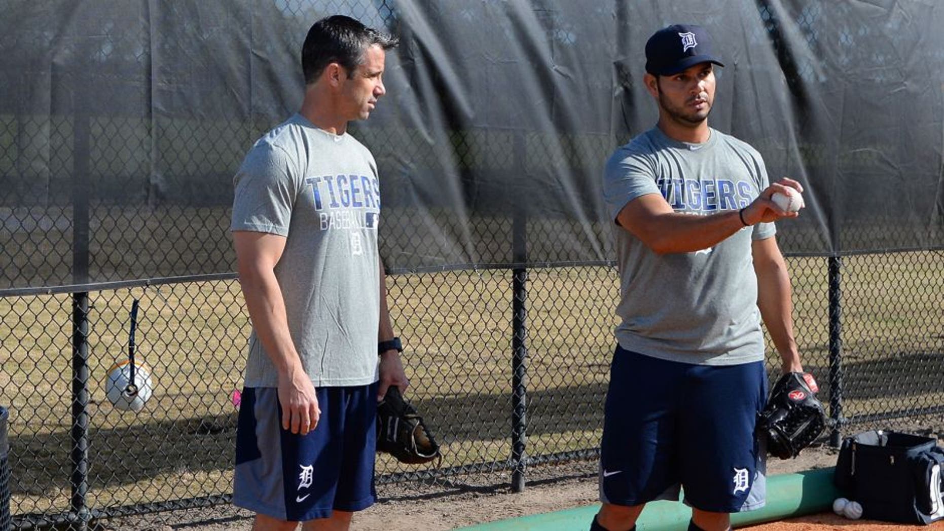 LAKELAND, FL - FEBRUARY 17: Manager Brad Ausmus #7 of the Detroit Tigers talks with pitcher Anibal Sanchez #19 during a Spring Training workout day at the TigerTown Facility on February 17, 2016 in Lakeland, Florida. (Photo by Mark Cunningham/MLB Photos via Getty Images)
