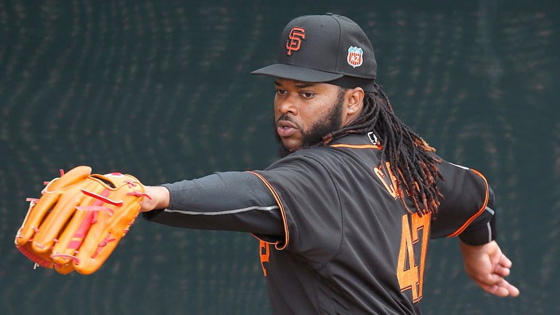 Feb 18, 2016; Scottsdale, AZ, USA; San Francisco Giants starting pitcher Johnny Cueto works in the bullpen during spring training camp at Scottsdale Stadium. Mandatory Credit: Rick Scuteri-USA TODAY Sports