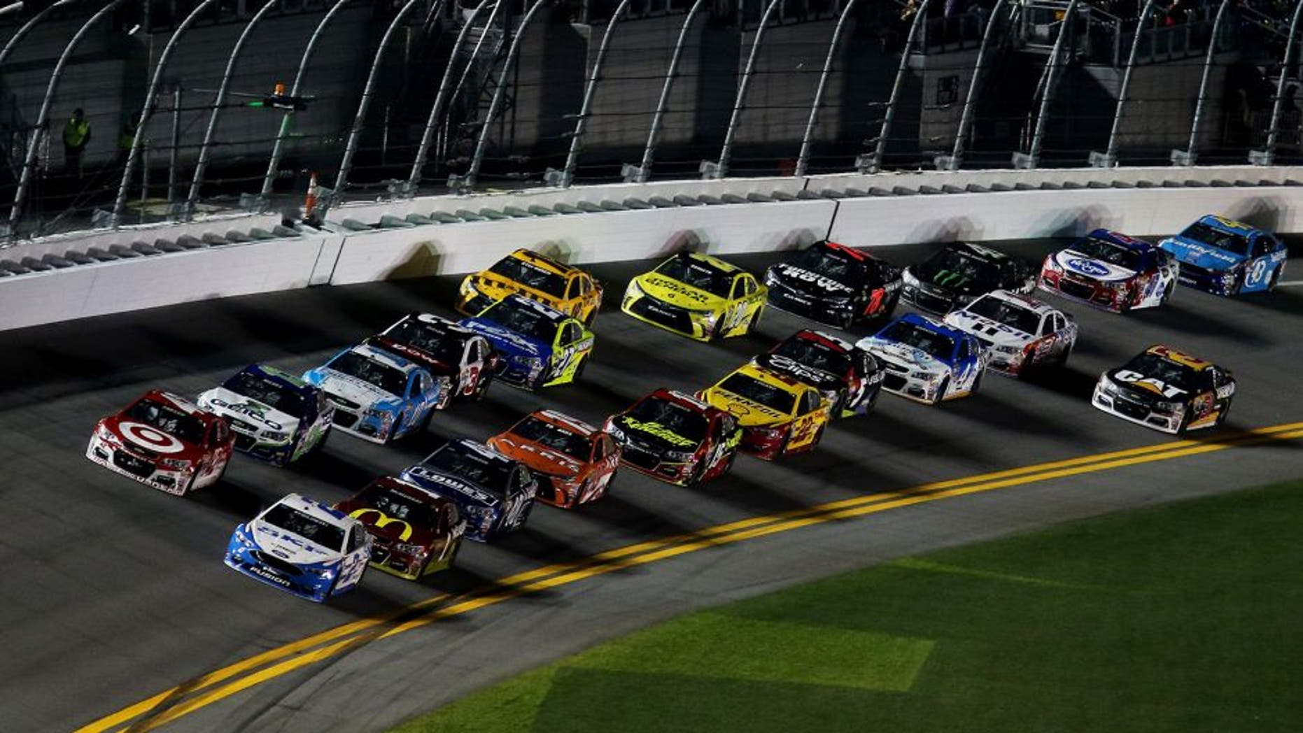DAYTONA BEACH, FL - FEBRUARY 13: Brad Keselowski, driver of the #2 SKF Ford, leads a pack of cars during the NASCAR Sprint Cup Series Sprint Unlimited at Daytona International Speedway on February 13, 2016 in Daytona Beach, Florida. (Photo by Jerry Markland/Getty Images)