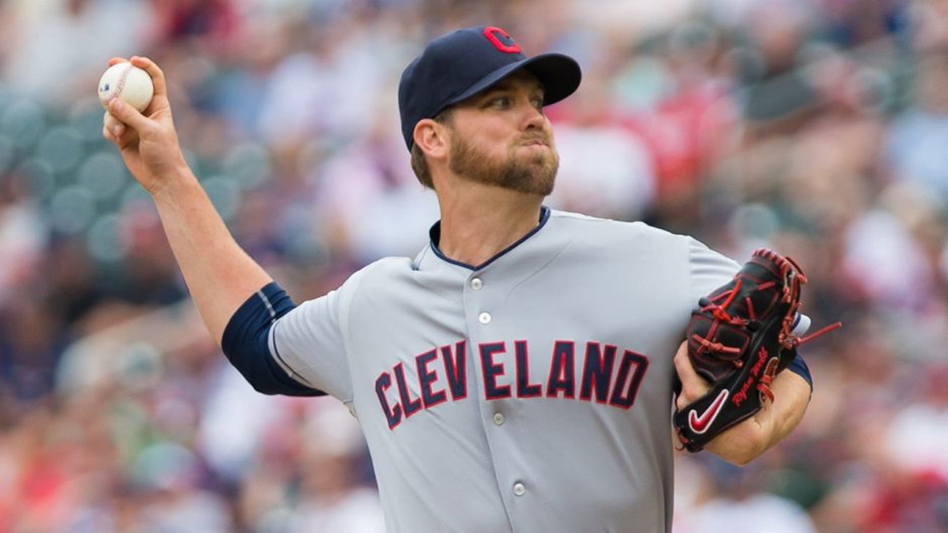 Aug 16, 2015; Minneapolis, MN, USA; Cleveland Indians relief pitcher Ryan Webb (54) pitches in the eighth inning against the Minnesota Twins at Target Field. The Twins won 4-1. Mandatory Credit: Brad Rempel-USA TODAY Sports