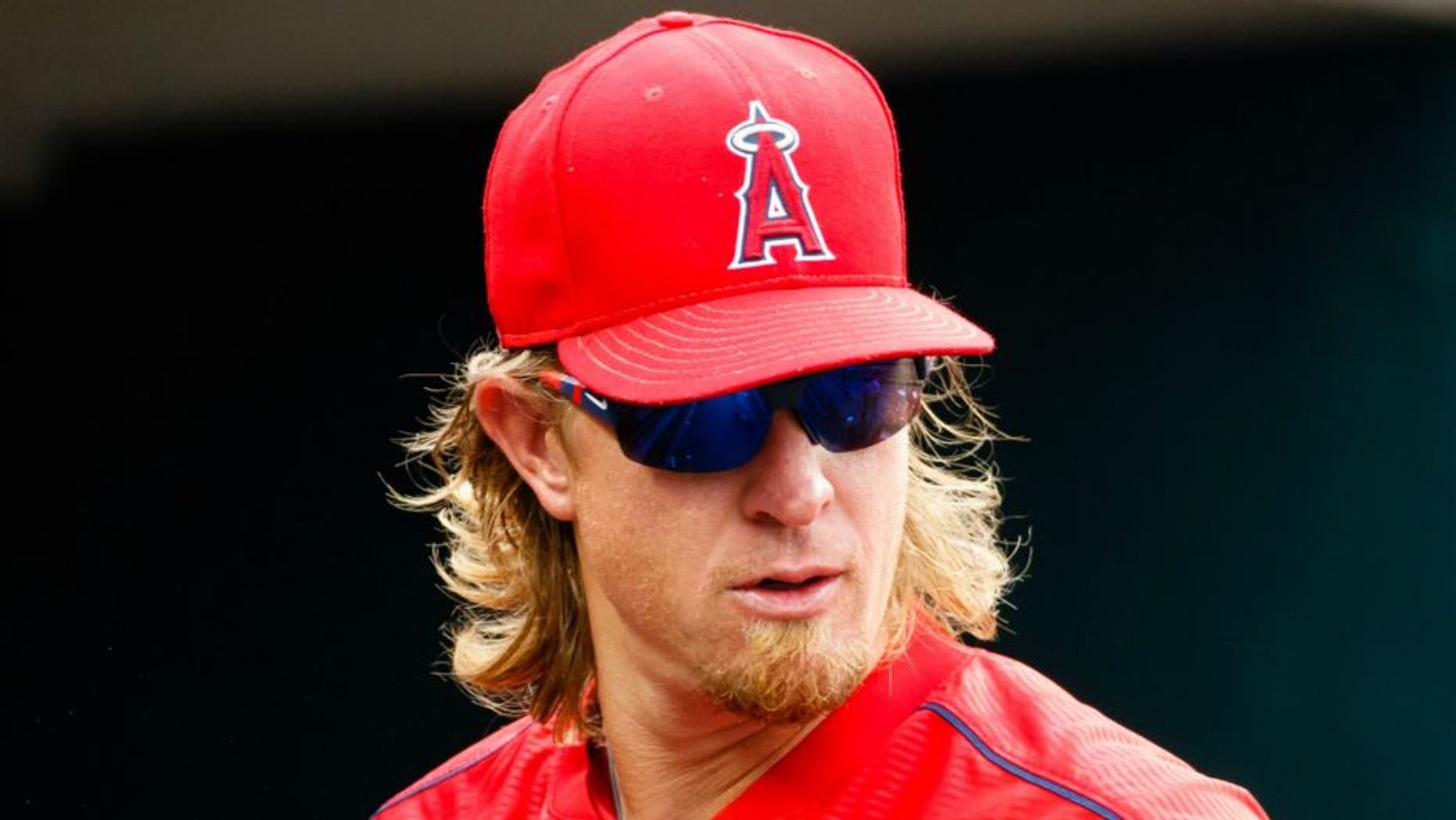 Aug 28, 2016; Detroit, MI, USA; Los Angeles Angels starting pitcher Jered Weaver (36) in the dugout against the Detroit Tigers at Comerica Park. Mandatory Credit: Rick Osentoski-USA TODAY Sports