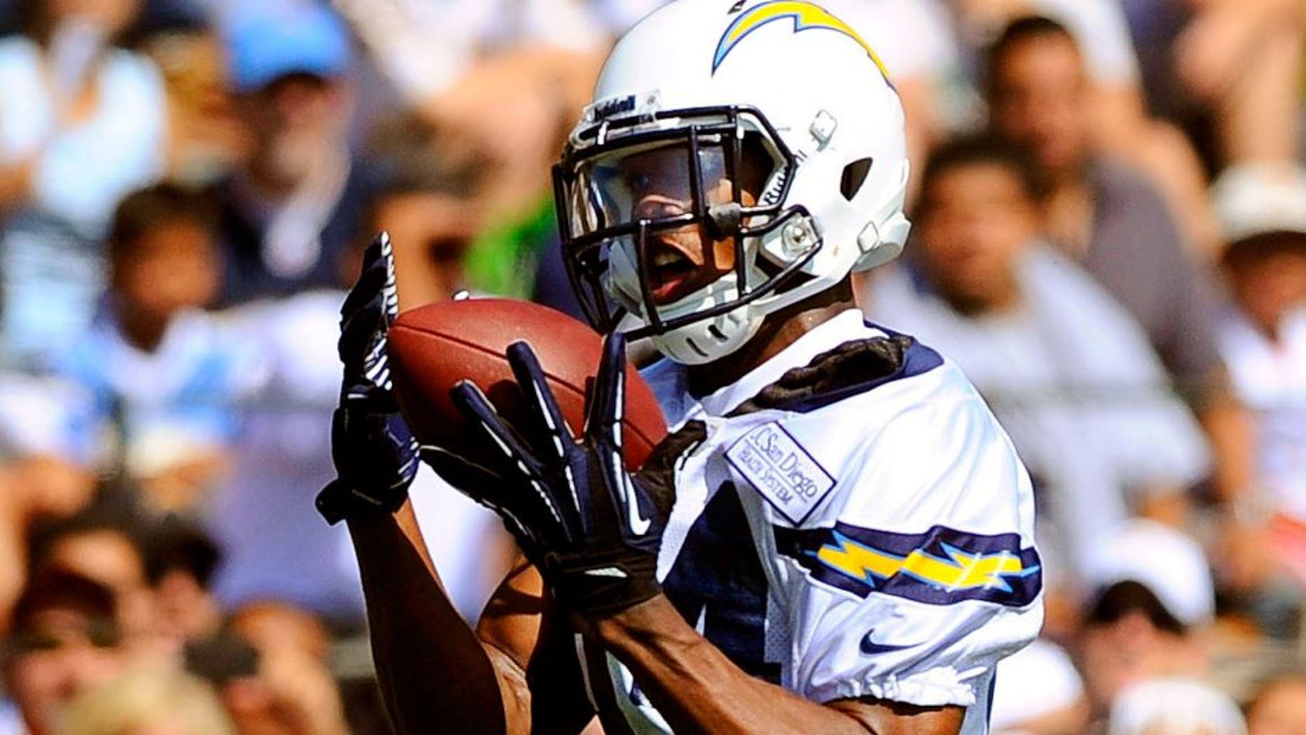 Jul 25, 2013; San Diego, CA, USA; San Diego Chargers receiver Danario Alexander (84) catches a pass during receiver drills during training camp at Chargers Park. Mandatory Credit: Christopher Hanewinckel-USA TODAY Sports