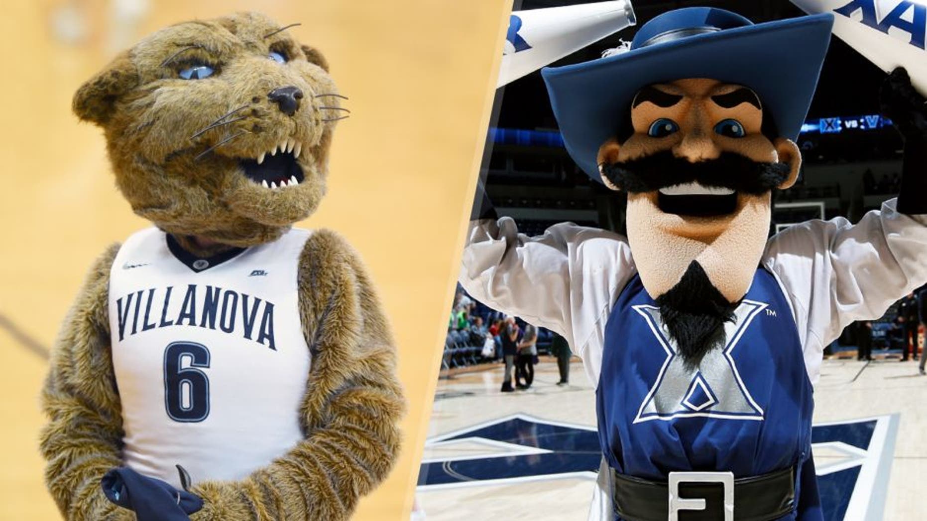 VILLANOVA, PA - DECEMBER 31: The Villanova Wildcats mascot on the floor during a college basketball game against the Xavier Musketeers at The Pavilion on December 31, 2015 in Villanova, Pennsylvania. The Wildcats won 95-64. (Photo by Mitchell Layton/Getty Images) CINCINNATI, OH - FEBRUARY 17: Xavier Musketeers mascot D'Artagnan celebrates after the game against the Providence Friars at Cintas Center on February 17, 2016 in Cincinnati, Ohio. Xavier defeated Providence 85-74. (Photo by Joe Robbins/Getty Images)