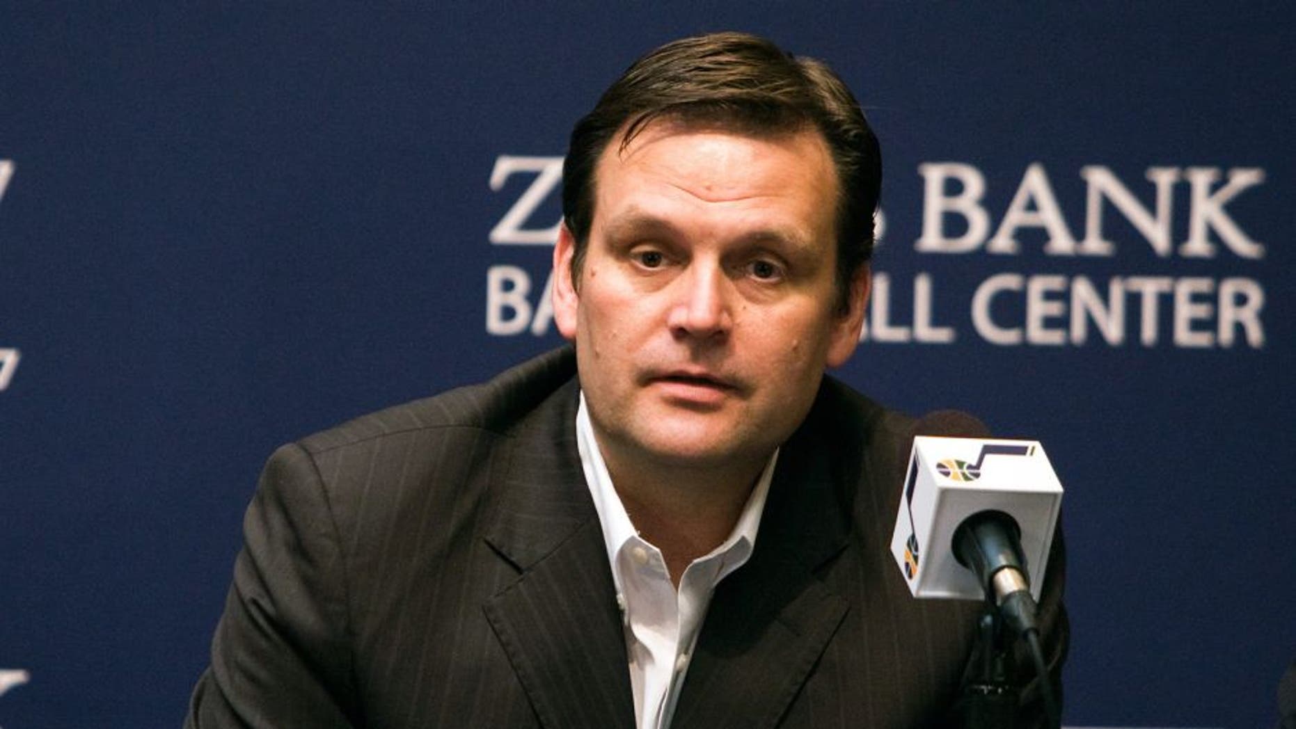 SALT LAKE CITY, UT - JUNE 27: Dennis Lindsey General Manager of the Utah Jazz speaks during a press conference introducing the 2014 Draft players at the Zions Basketball Center on June 27, 2014 in Salt Lake City, Utah. NOTE TO USER: User expressly acknowledges and agrees that, by downloading and or using this Photograph, User is consenting to the terms and conditions of the Getty Images License Agreement. Mandatory Copyright Notice: Copyright 2013 NBAE (Photo by Melissa Majchrzak/NBAE via Getty Images)