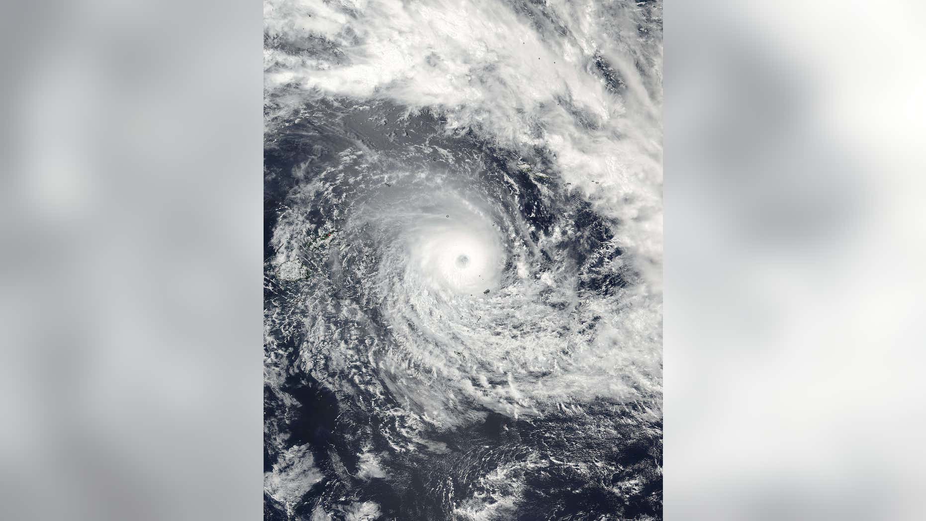 This Feb. 19, 2016, satellite image released by NASA Goddard Rapid Response shows Cyclone Winston in the South Pacific Ocean.