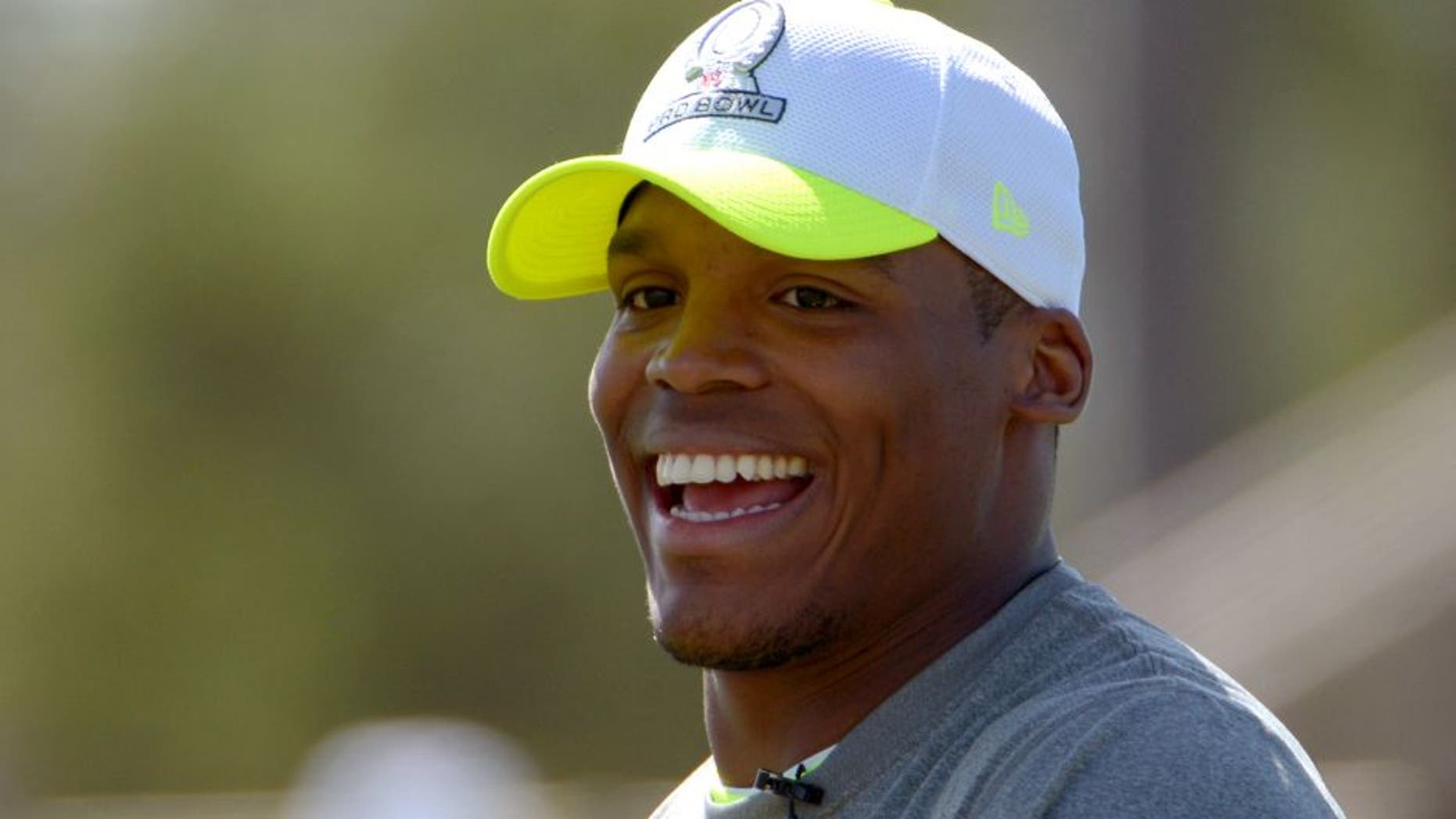 January 24, 2014; Kapolei, HI, USA; Carolina Panthers quarterback Cam Newton (1) during the 2014 Pro Bowl practice at Kapolei High School. Mandatory Credit: Kirby Lee-USA TODAY Sports